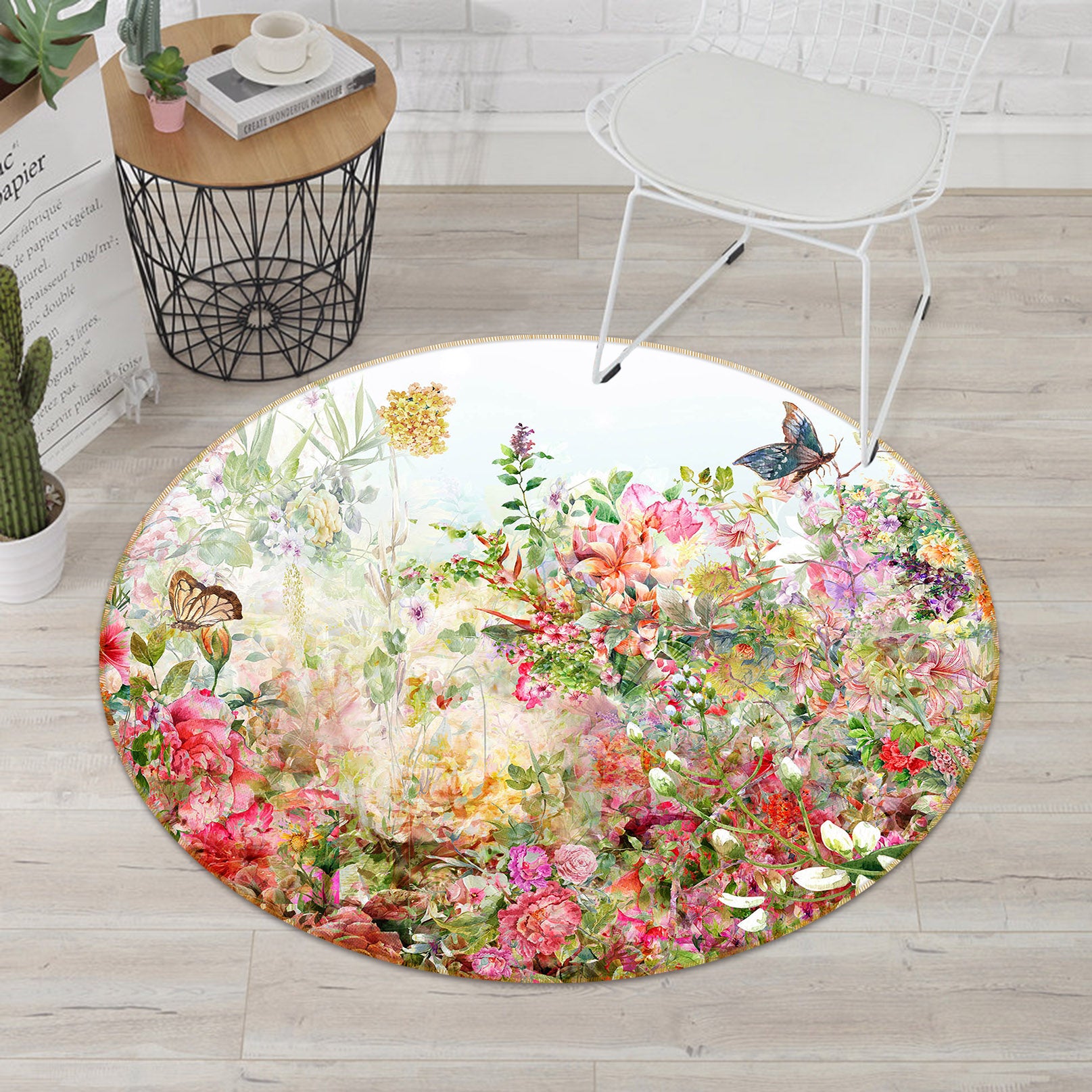 3D Butterfly Flower Bush 71245 Round Non Slip Rug Mat