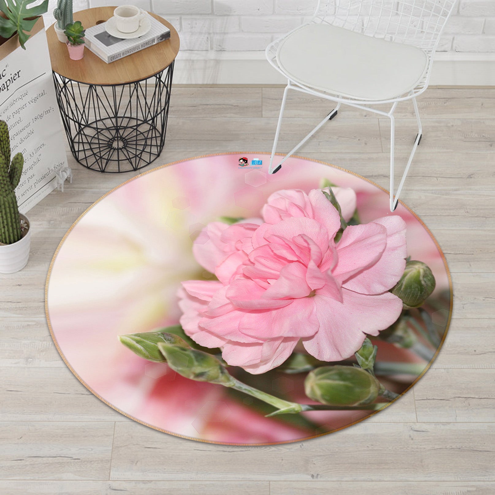 3D Pink Flowers 72074 Round Non Slip Rug Mat