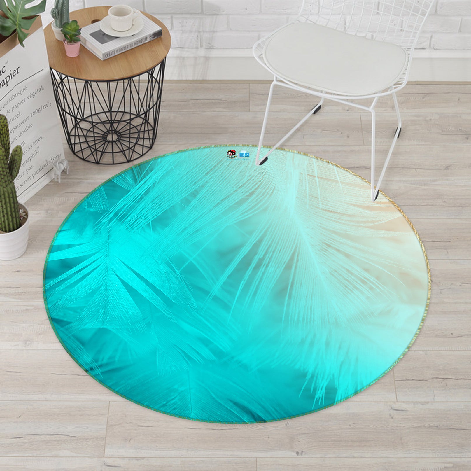 3D Blue Feather 81164 Round Non Slip Rug Mat