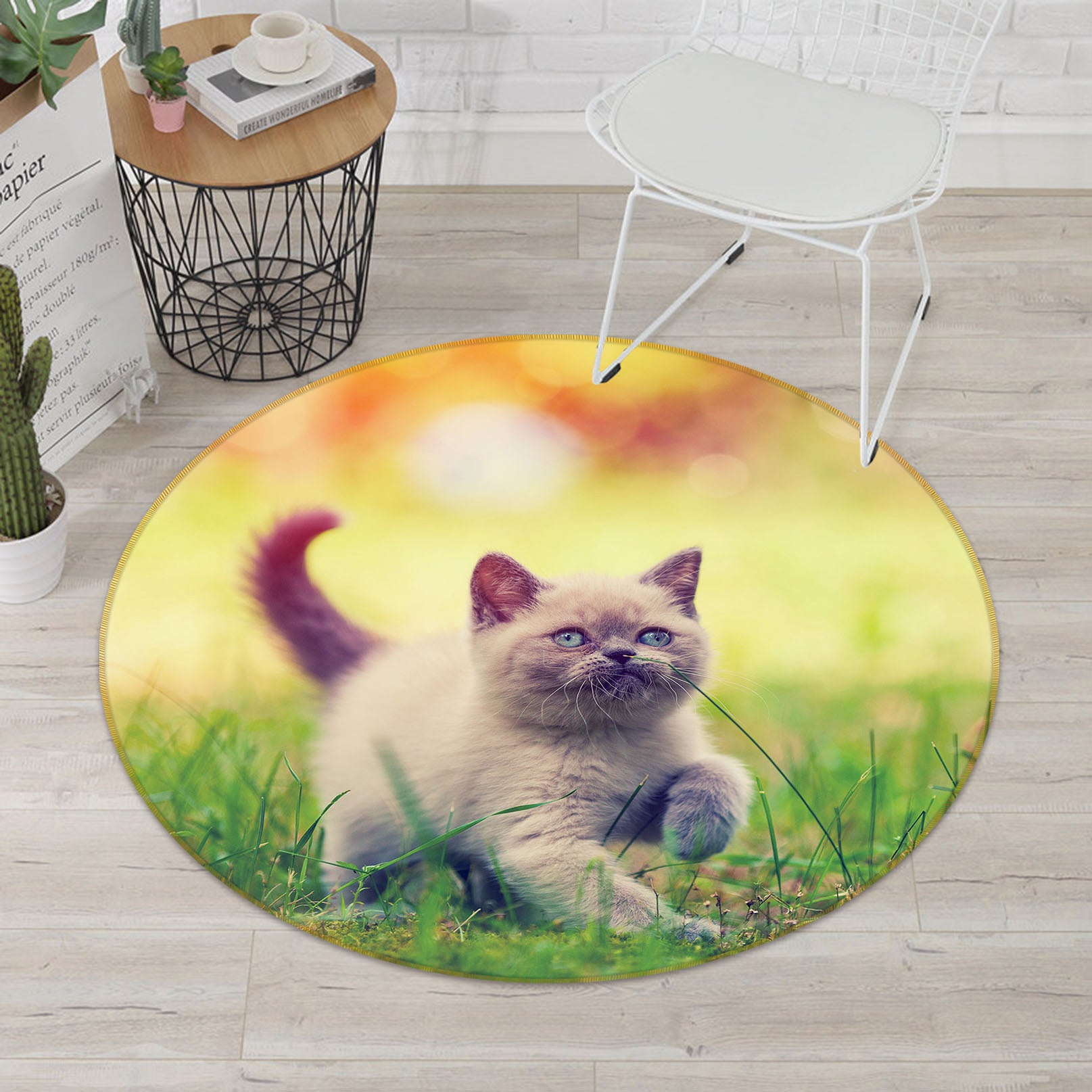 3D Grassland Kitten 29033 Round Non Slip Rug Mat