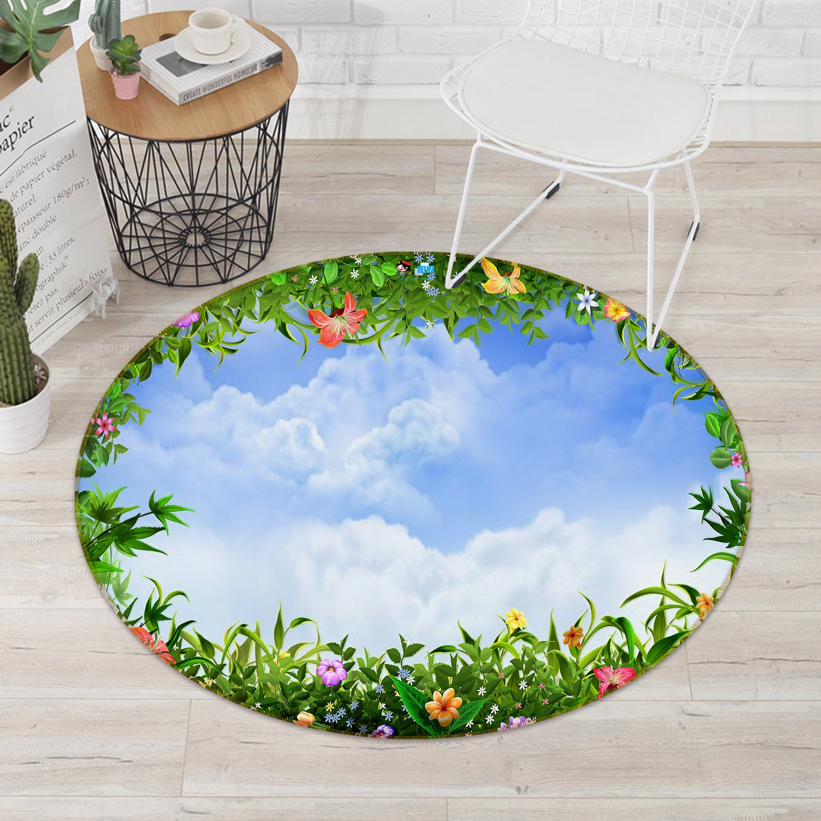 3D Sky Flower Grass 74080 Round Non Slip Rug Mat
