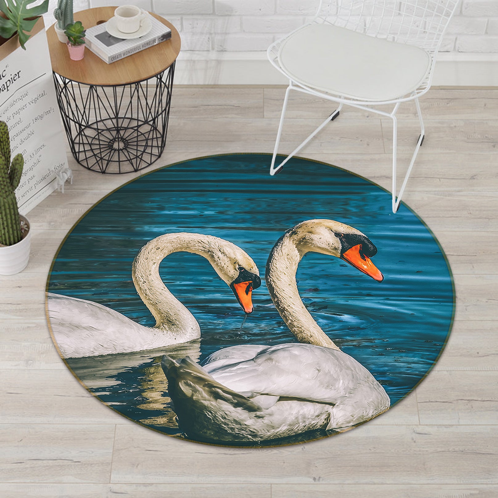 3D Two Swans 82276 Animal Round Non Slip Rug Mat