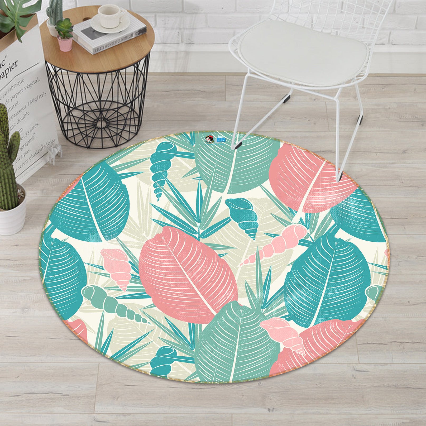 3D Pink Green Leaves 64069 Round Non Slip Rug Mat