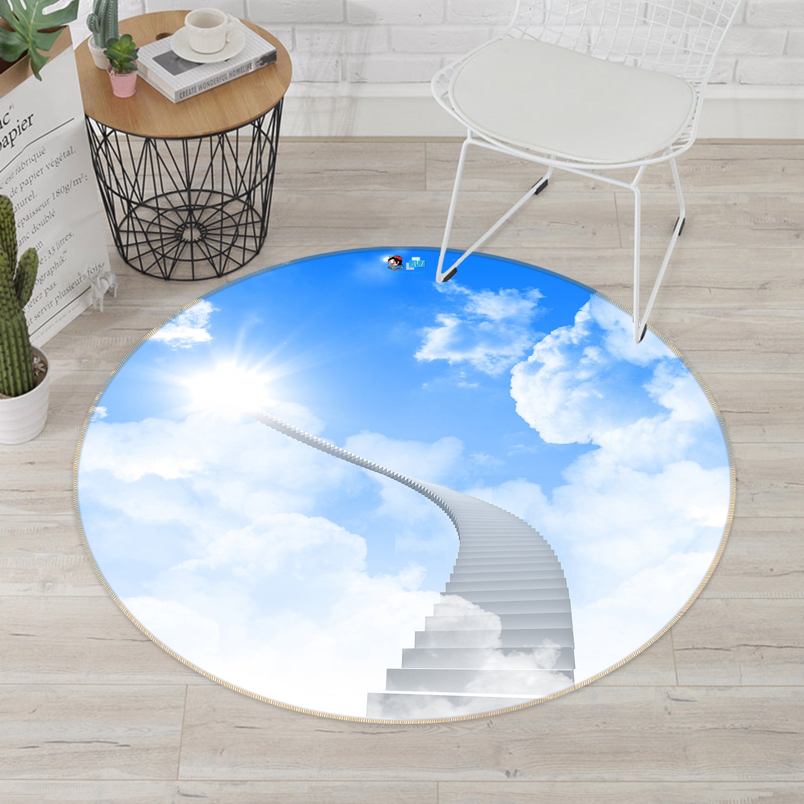 3D Stairs Blue Sky White Clouds 72278 Round Non Slip Rug Mat