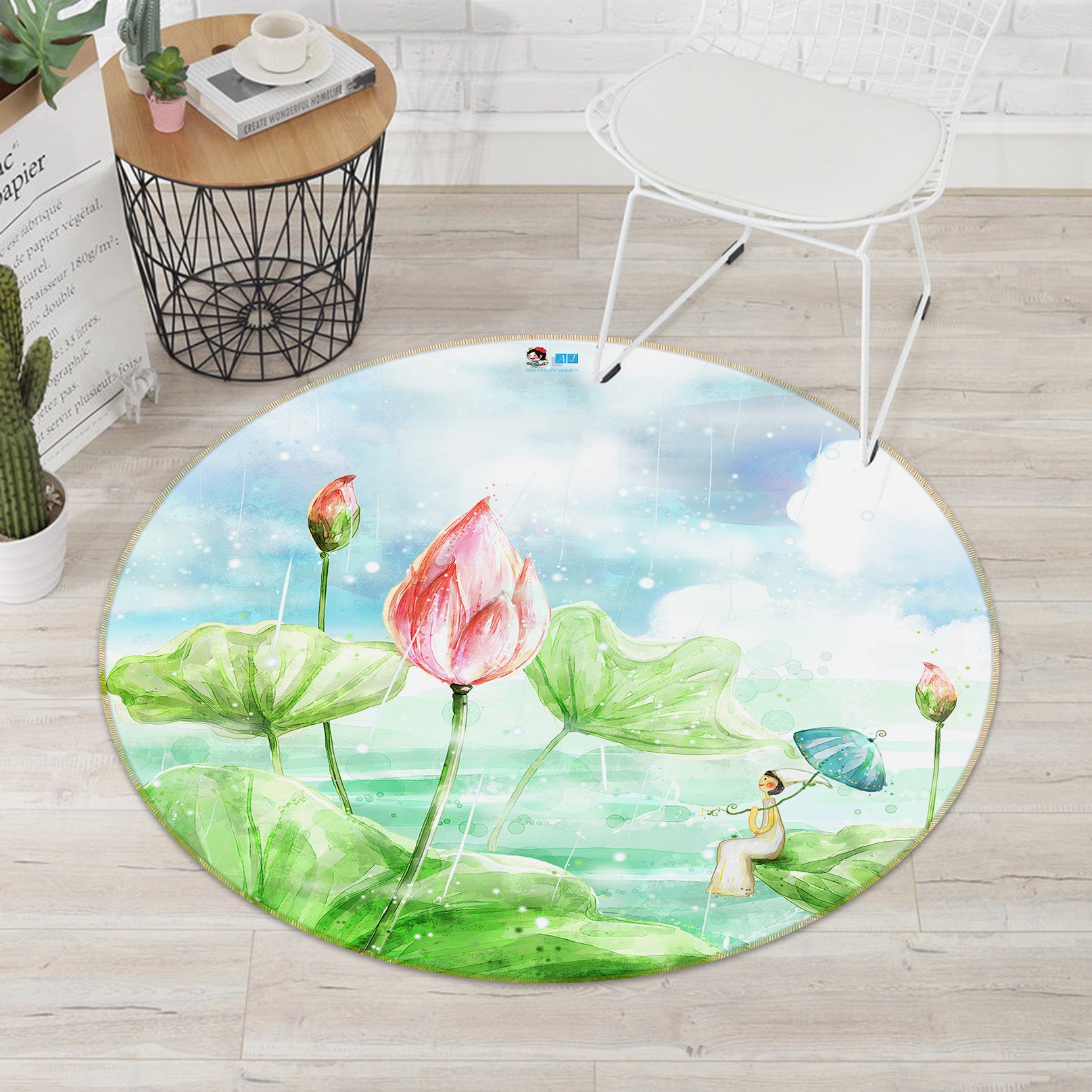3D Watercolor Lotus 74065 Round Non Slip Rug Mat