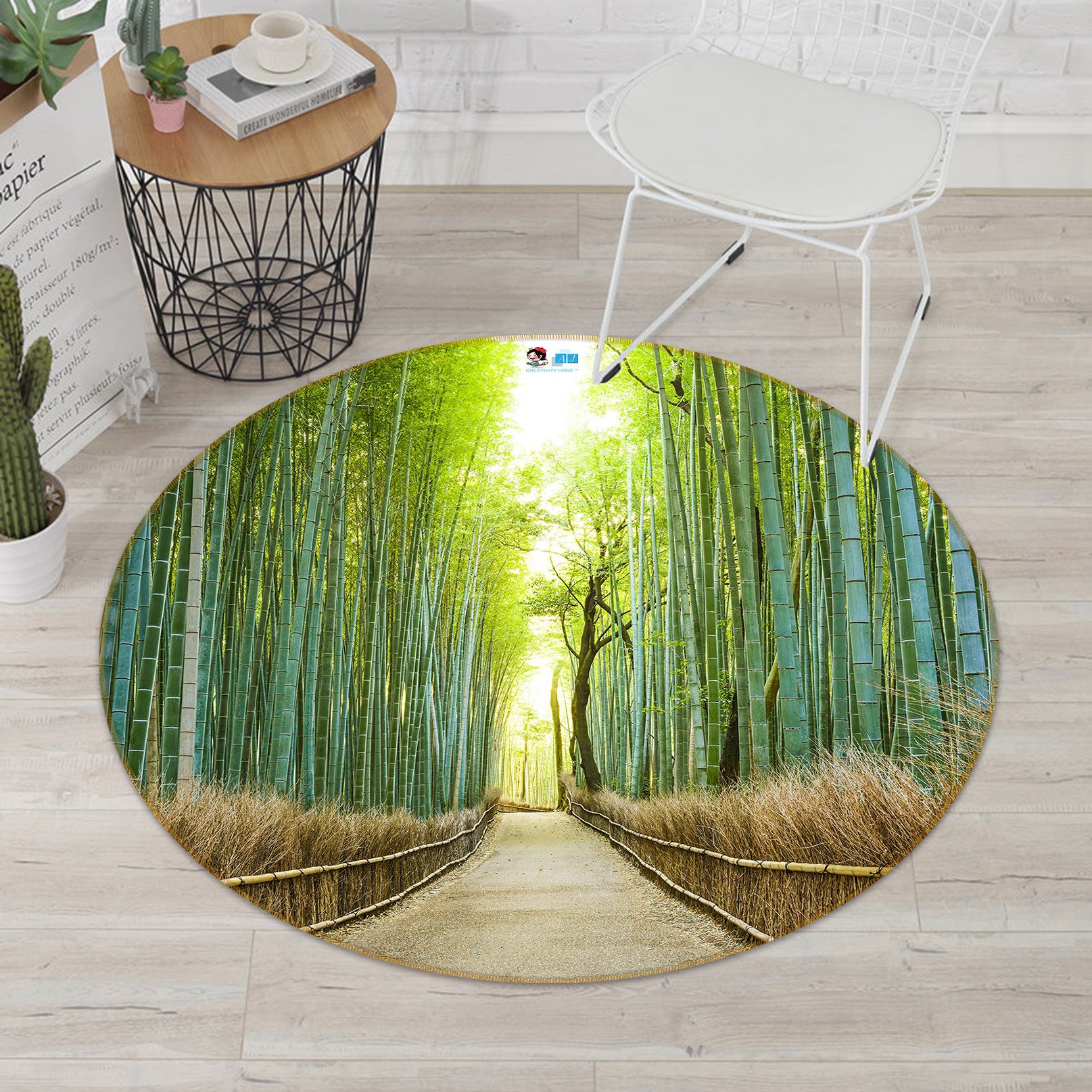 3D Bamboo Forest Wooden Bridge 81019 Round Non Slip Rug Mat