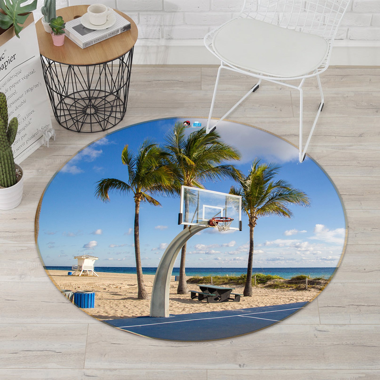 3D Coconut Tree Beach Basketball Court 72245 Round Non Slip Rug Mat