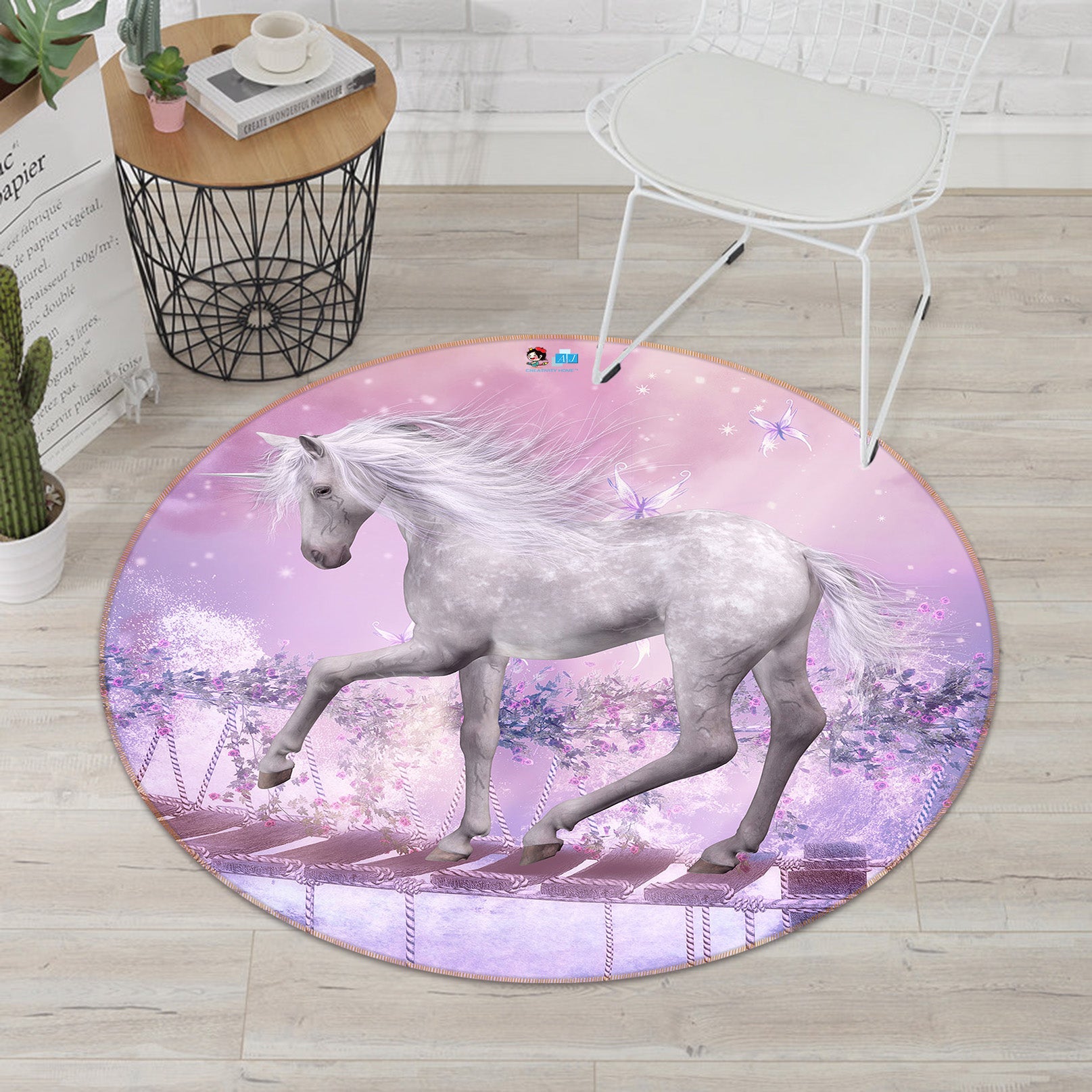 3D White Horse 66190 Round Non Slip Rug Mat