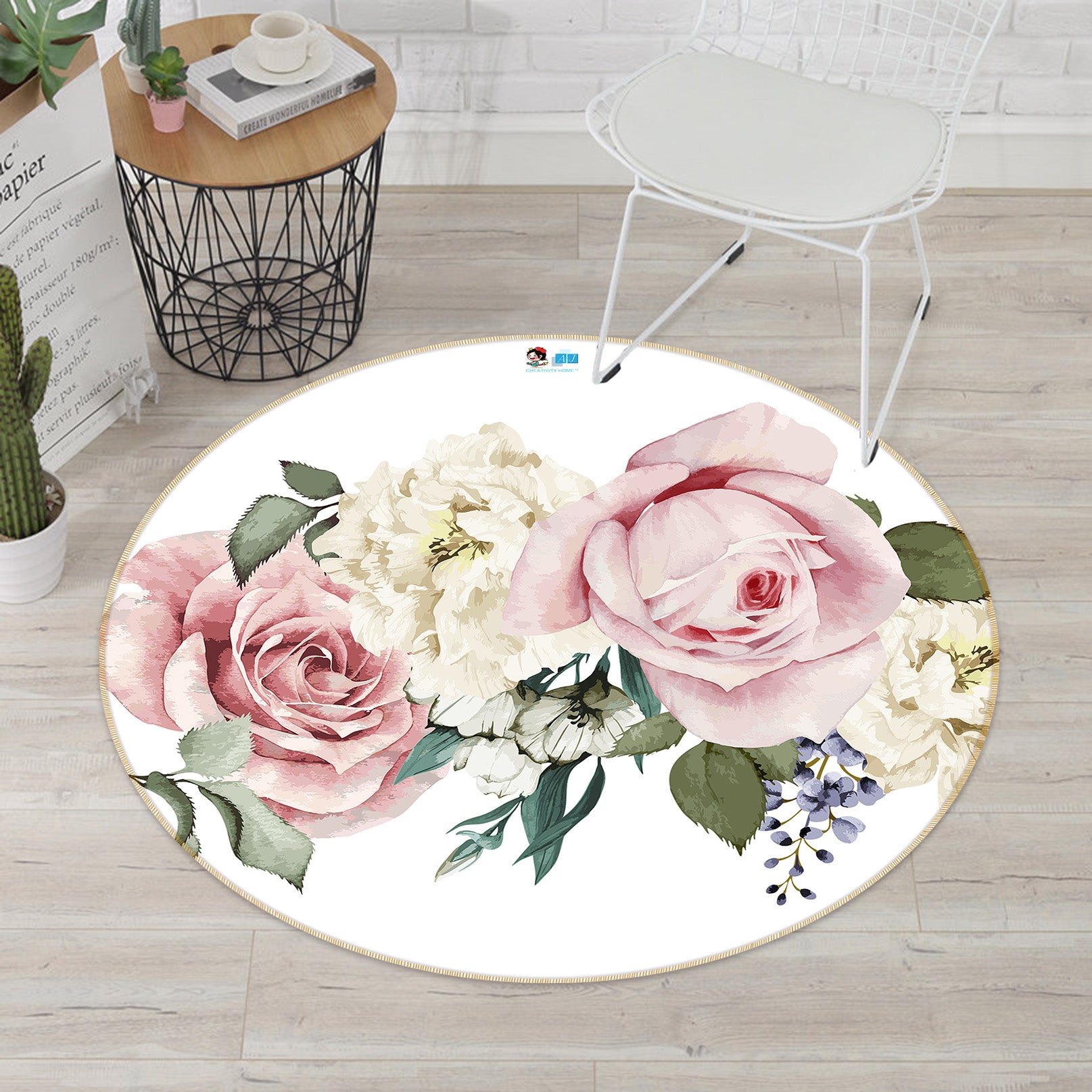 3D Pink Flowers 74157 Round Non Slip Rug Mat