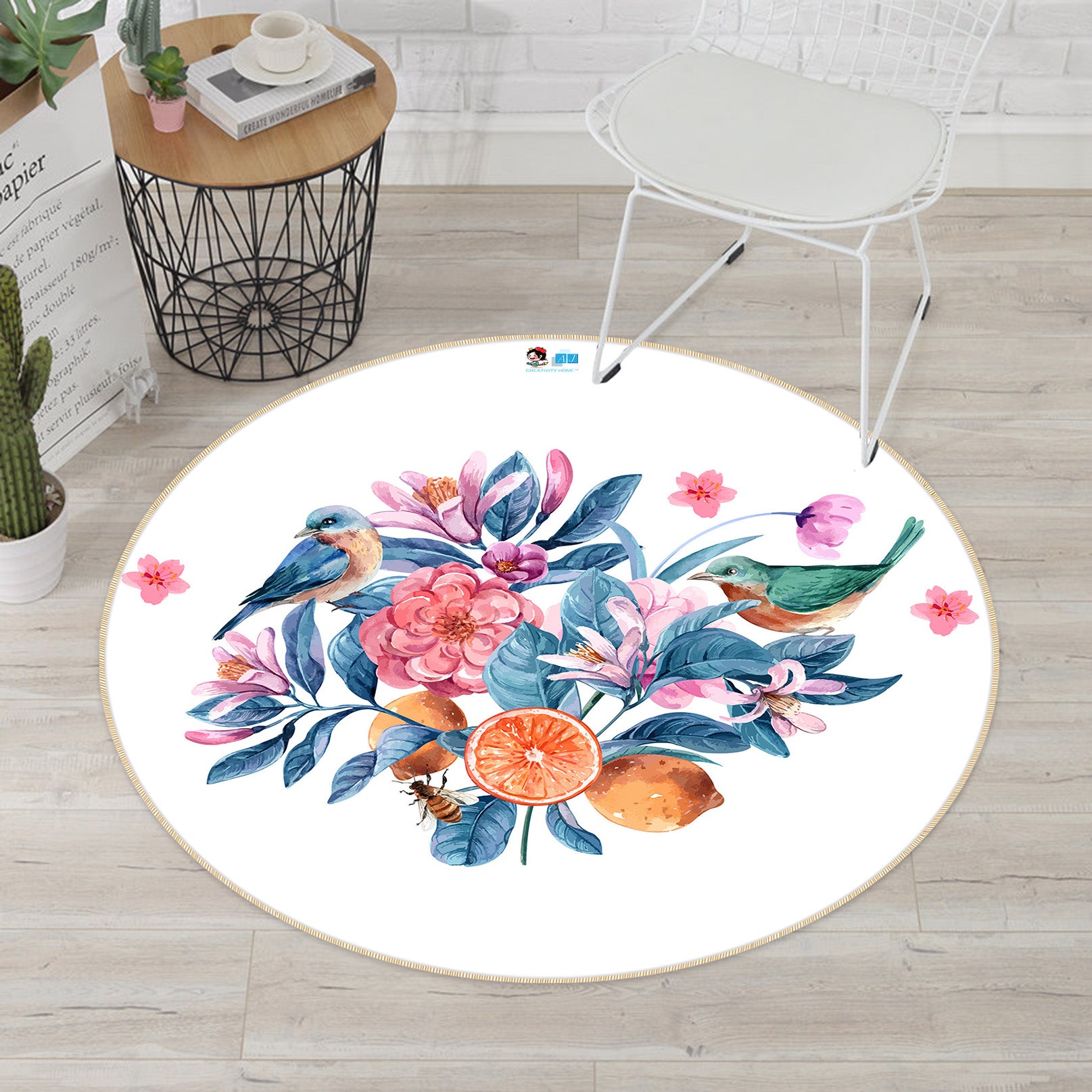 3D Flowers Birds 81036 Round Non Slip Rug Mat