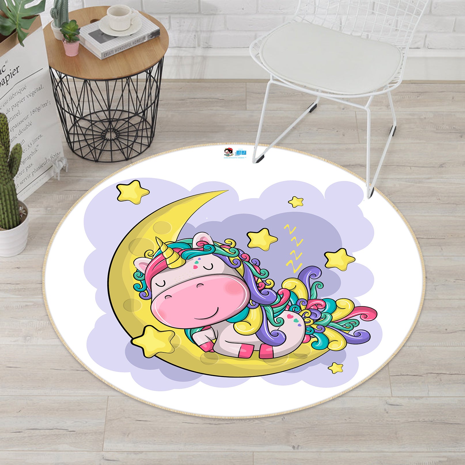 3D Cartoon Moon Unicorn 74203 Round Non Slip Rug Mat