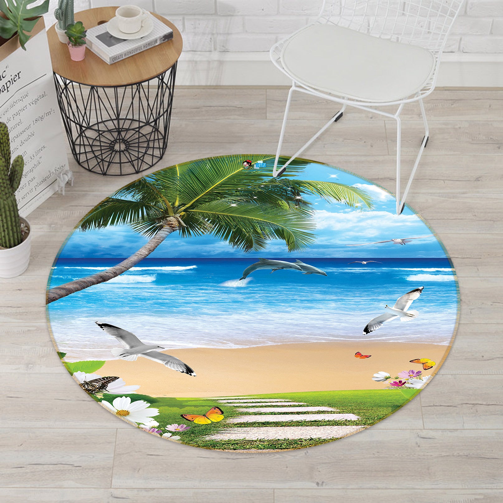 3D Beach Coconut Tree 80260 Round Non Slip Rug Mat