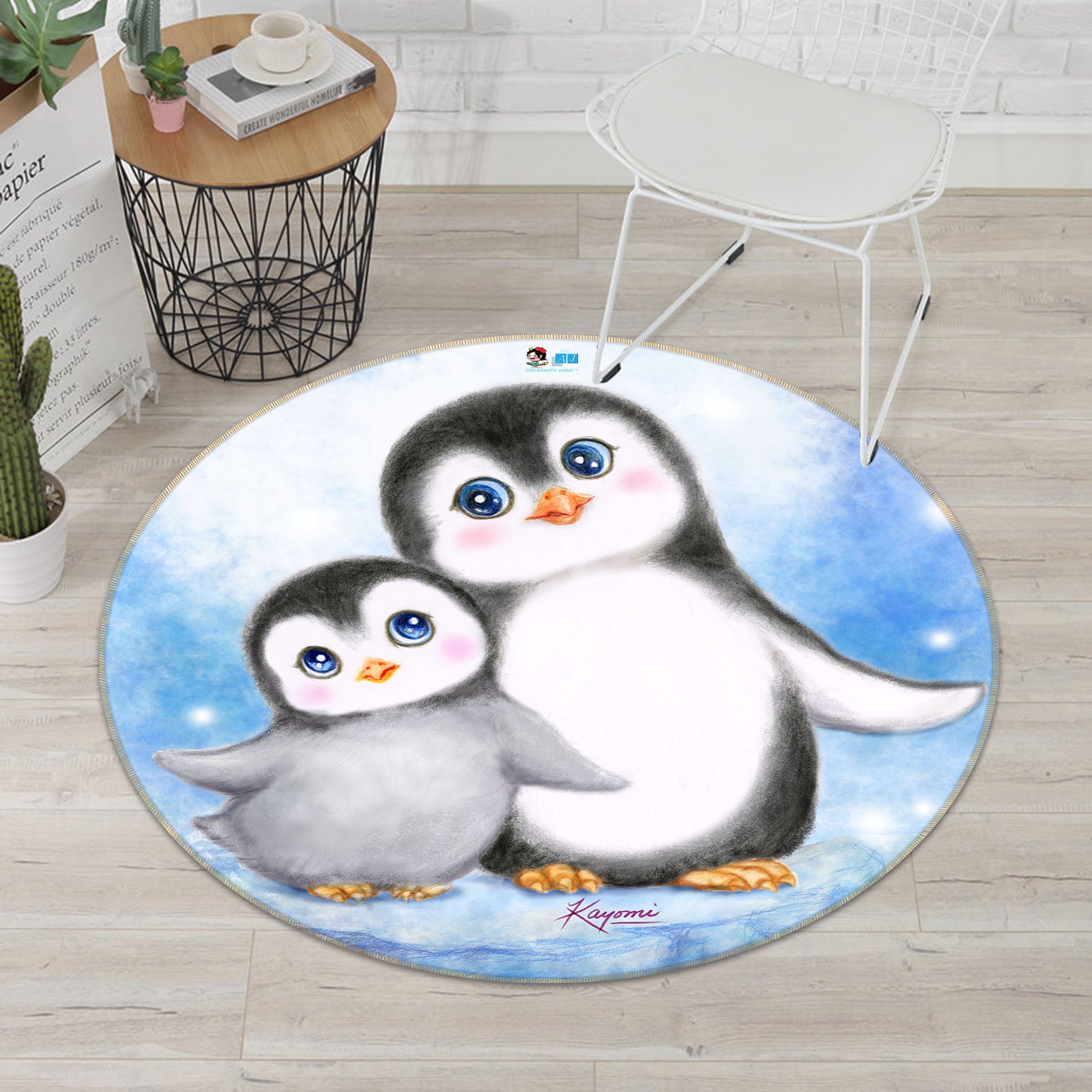 3D Cute Penguin 6050 Kayomi Harai Rug Round Non Slip Rug Mat