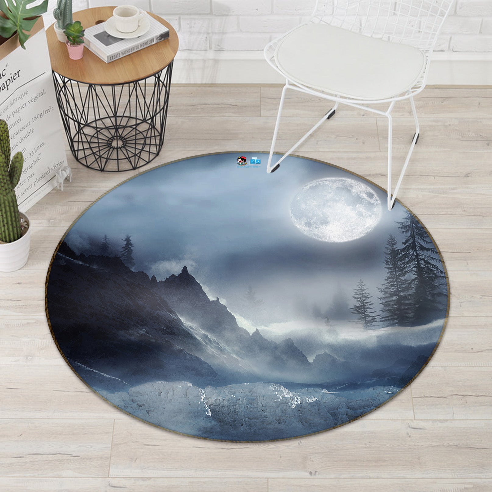 3D Mountain Tree Moon 74099 Round Non Slip Rug Mat
