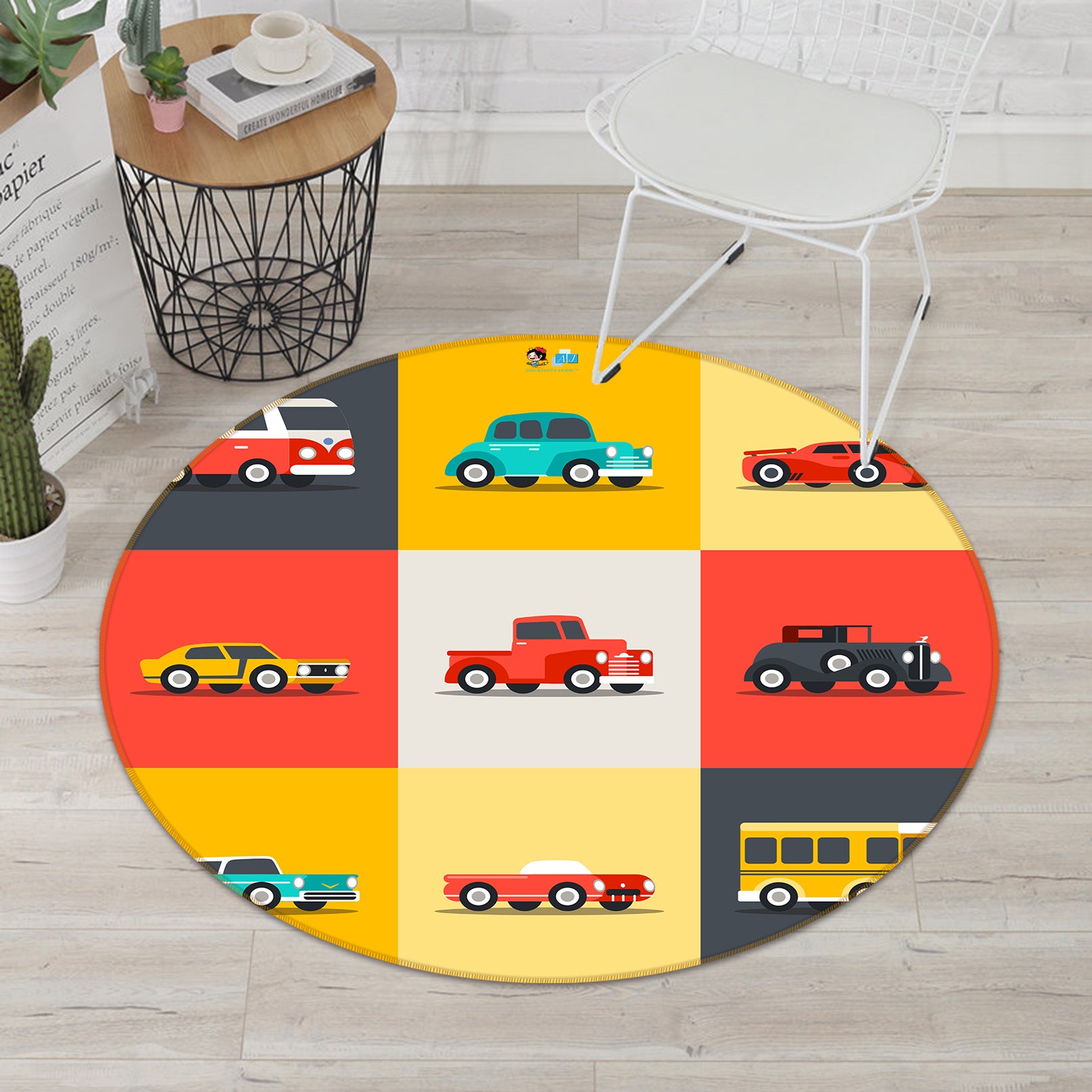 3D Color Plaid Car Pattern 64059 Round Non Slip Rug Mat