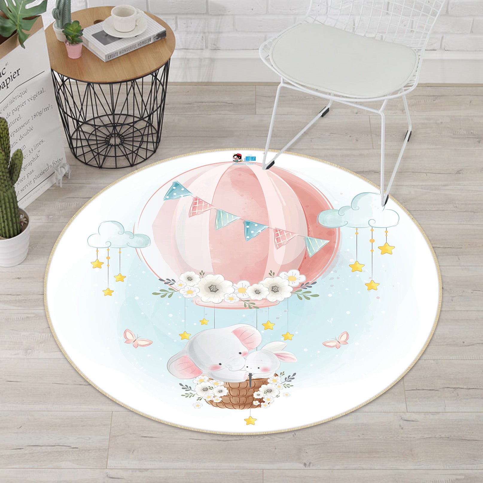 3D Pink Hot Air Balloon Elephant 74260 Round Non Slip Rug Mat