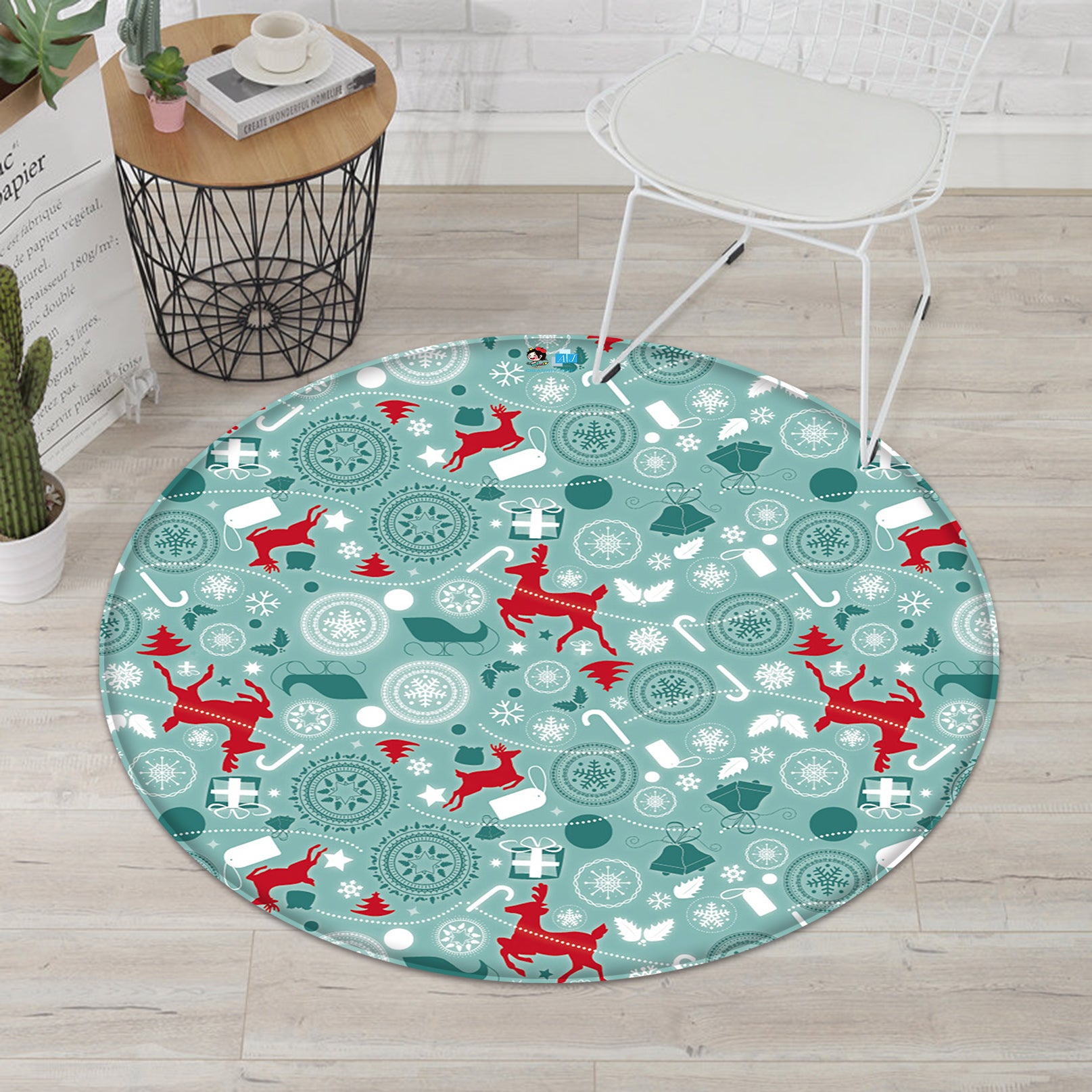 3D Deer Pattern 66017 Christmas Round Non Slip Rug Mat Xmas