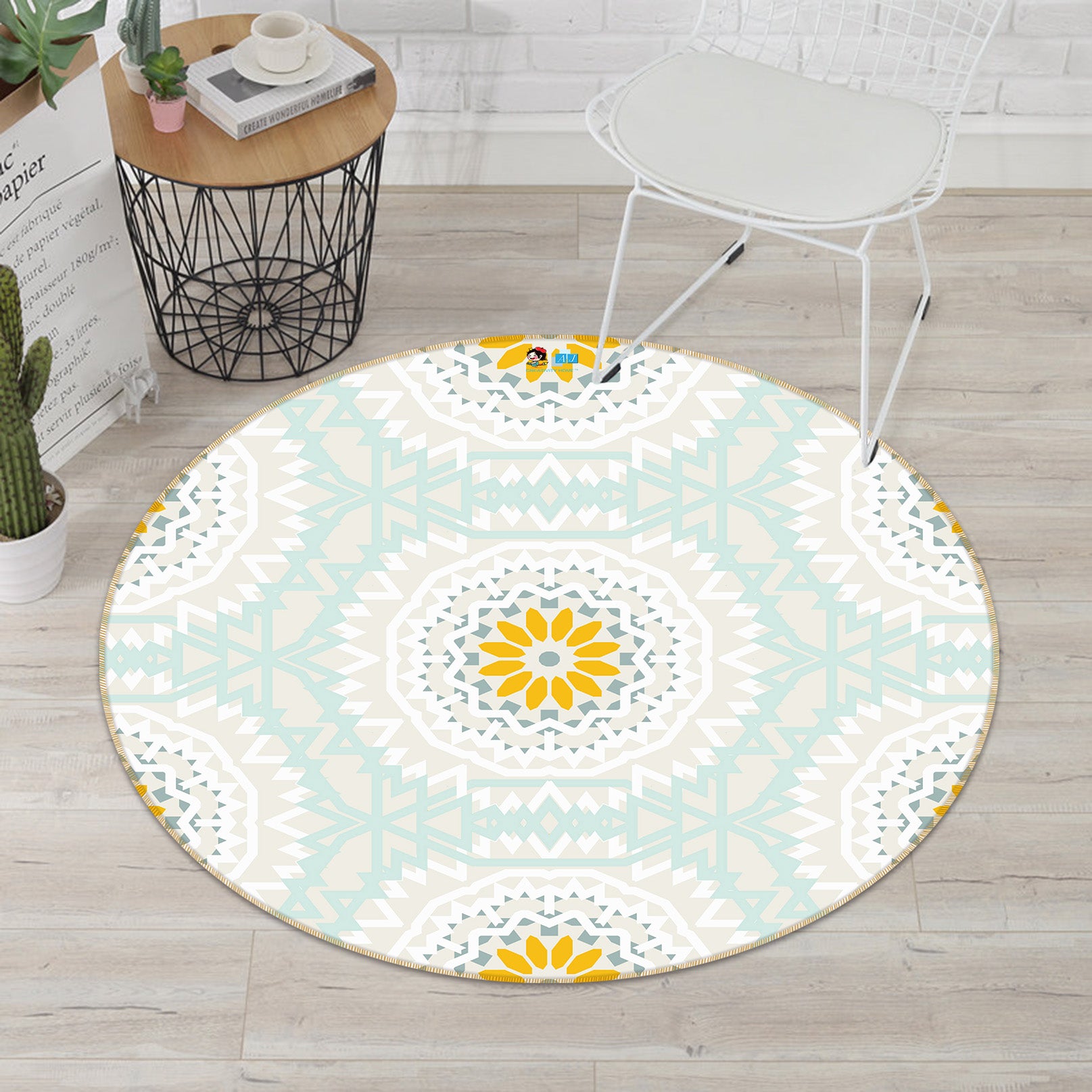 3D Yellow White Pattern 64136 Round Non Slip Rug Mat