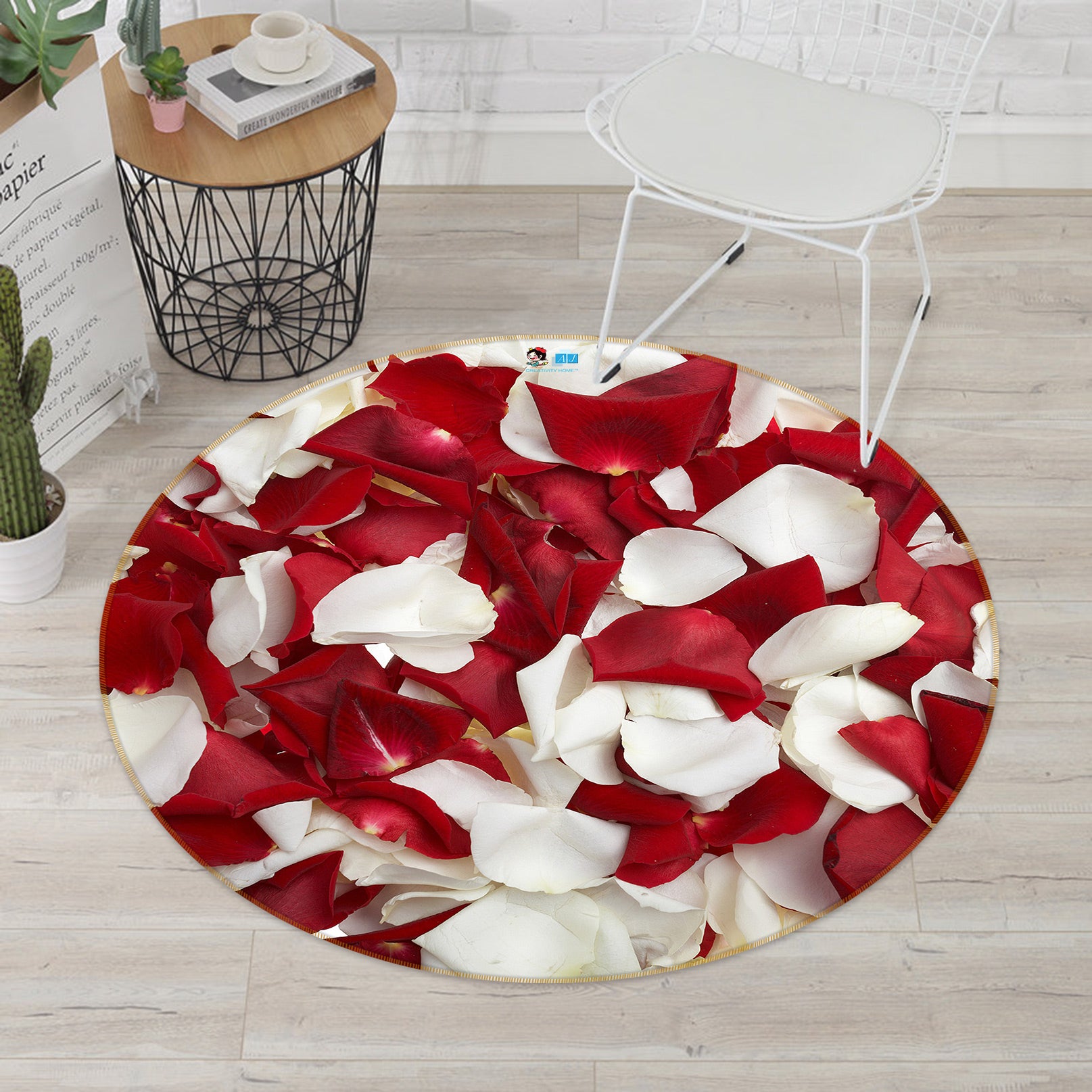3D Red White Petals 80277 Round Non Slip Rug Mat