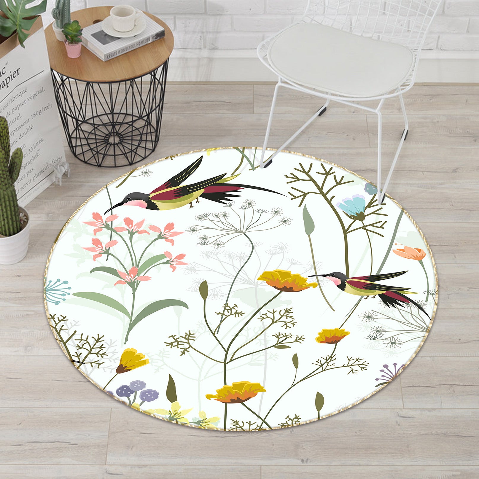 3D Flower Branch Bird 71225 Round Non Slip Rug Mat