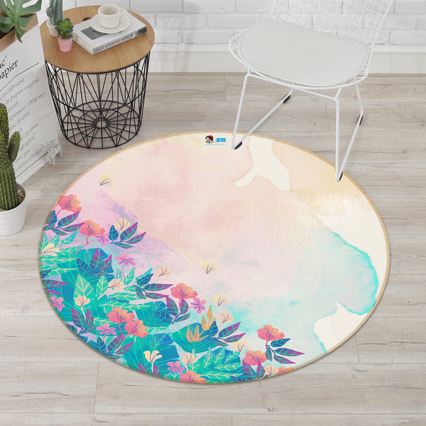 3D Floral Pattern 64061 Round Non Slip Rug Mat