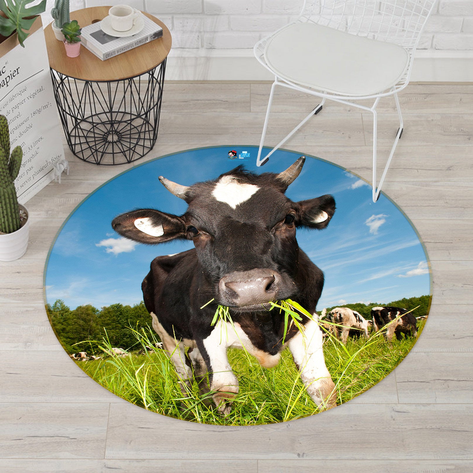 3D Cows Grass 72252 Round Non Slip Rug Mat