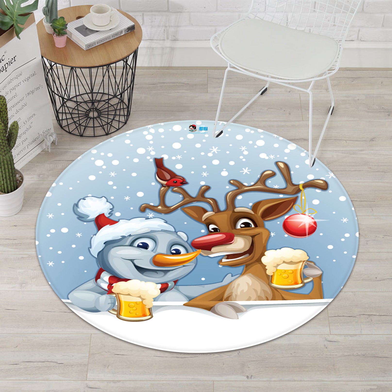 3D Snowman Deer Beer 66011 Christmas Round Non Slip Rug Mat Xmas