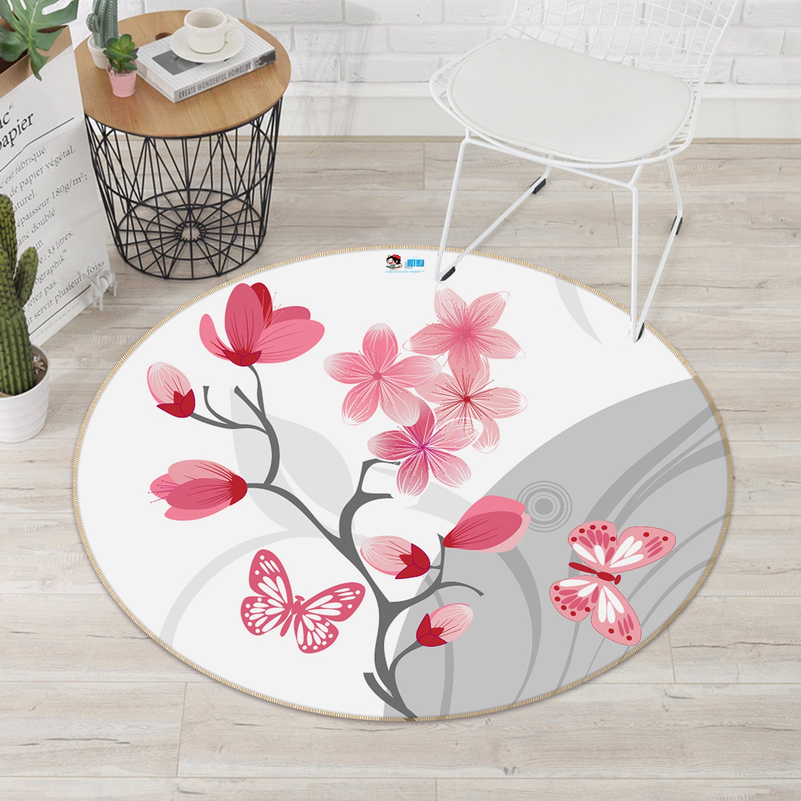 3D Pink Flower Branch 74060 Round Non Slip Rug Mat