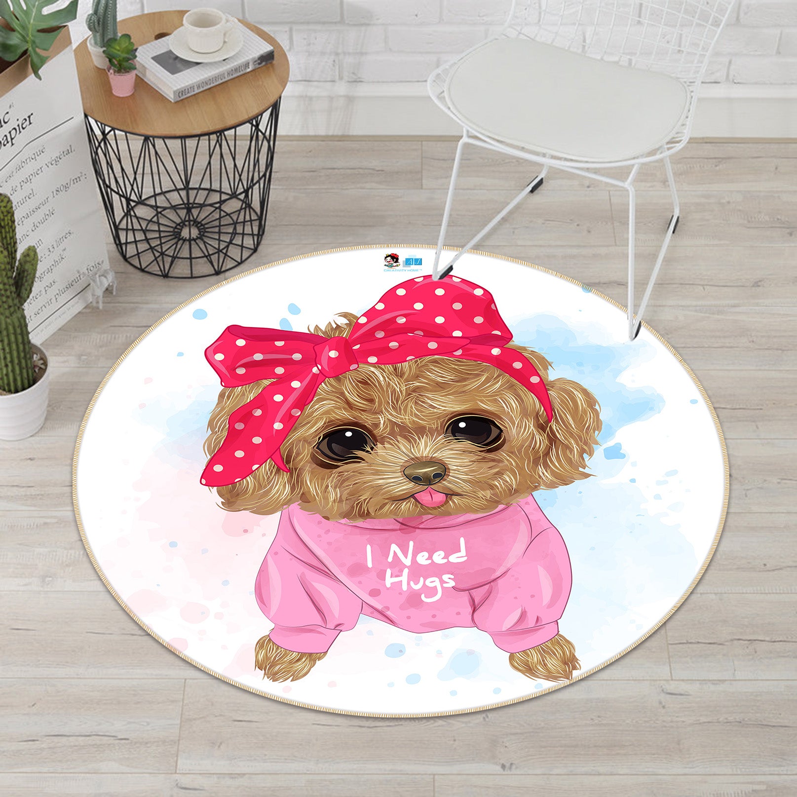 3D Teddy Dog 74290 Round Non Slip Rug Mat