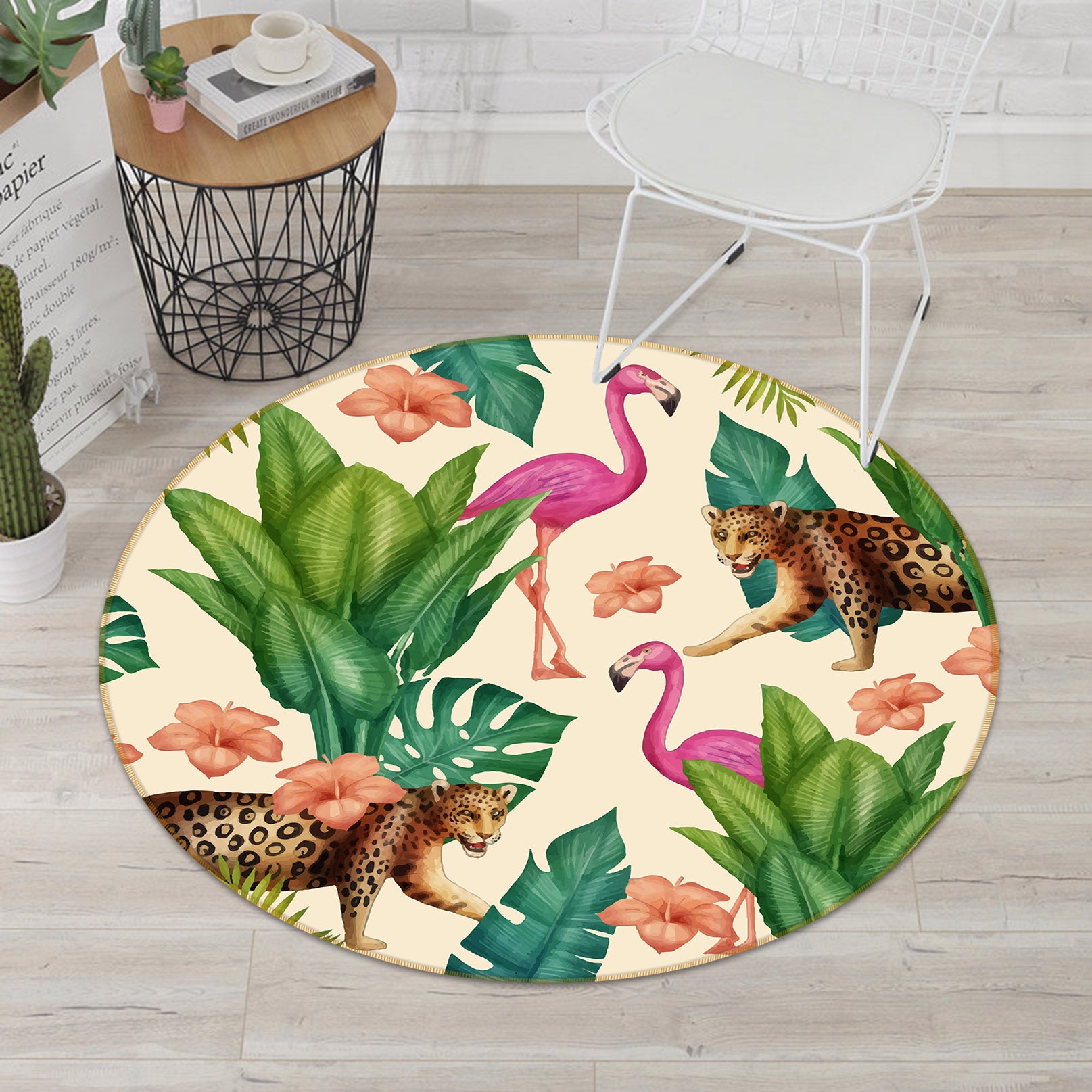 3D Leopard Flamingo 38086 Animal Round Non Slip Rug Mat