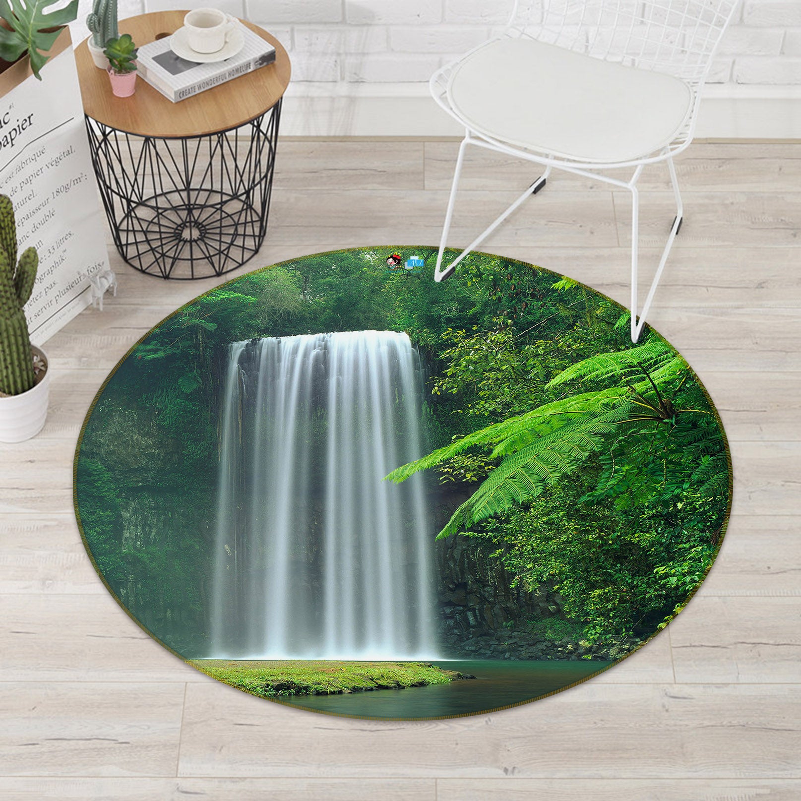 3D Waterfall Jungle 74073 Round Non Slip Rug Mat