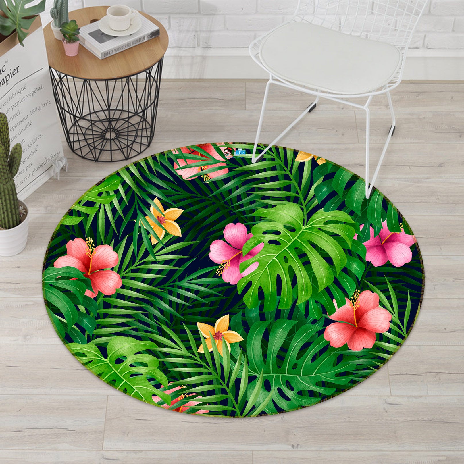 3D Leaves Flowers 81248 Round Non Slip Rug Mat