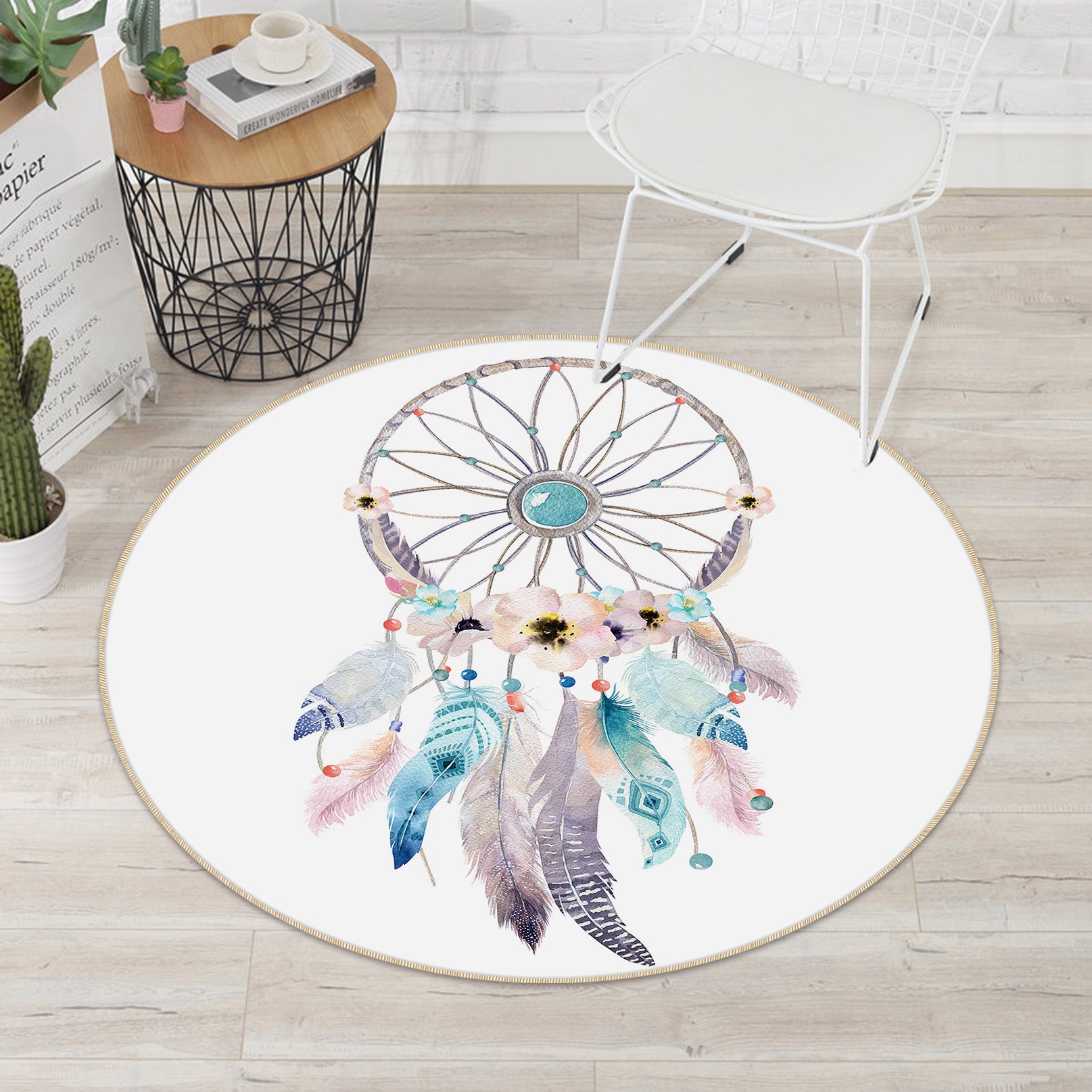 3D White Dreamcatcher 29076 Round Non Slip Rug Mat