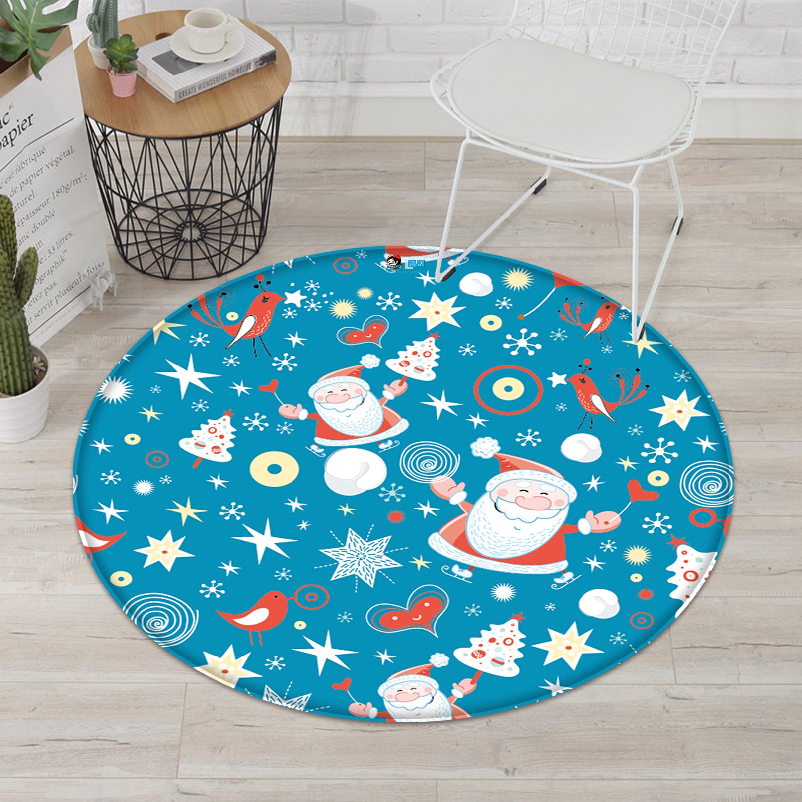 3D Santa Claus Stars Pattern 66018 Christmas Round Non Slip Rug Mat Xmas