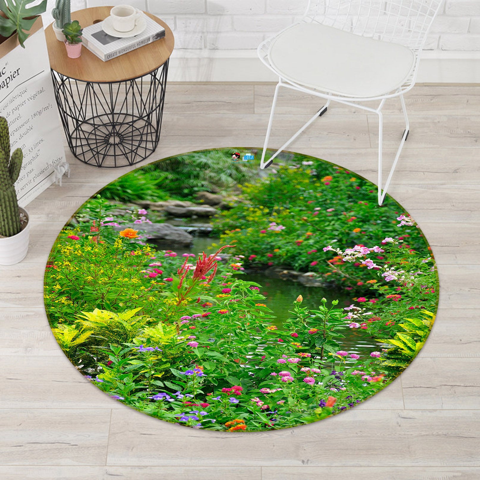 3D Flowers Grass 69045 Round Non Slip Rug Mat