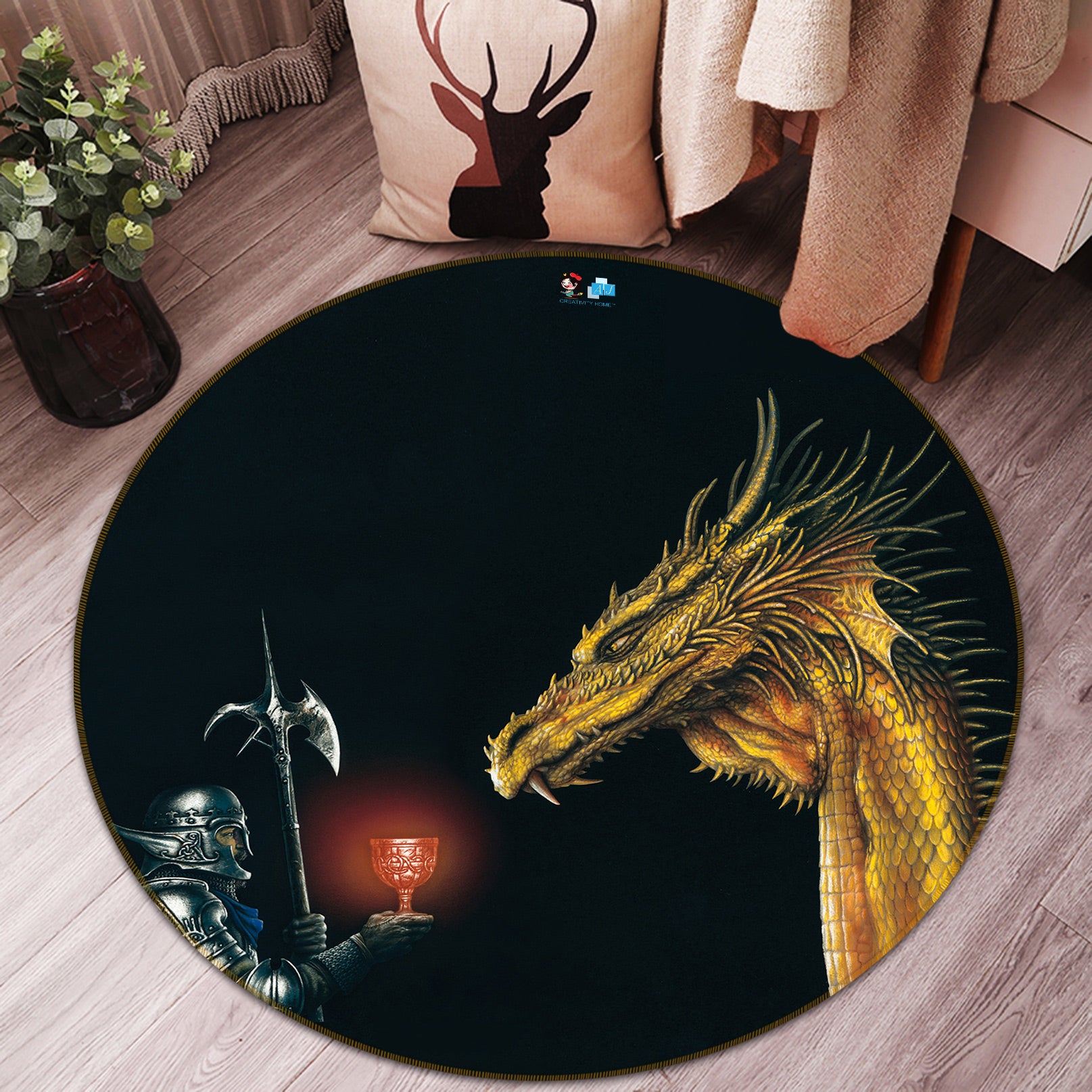 3D Armored Soldier Cup Dragon 6062 Ciruelo Rug Round Non Slip Rug Mat