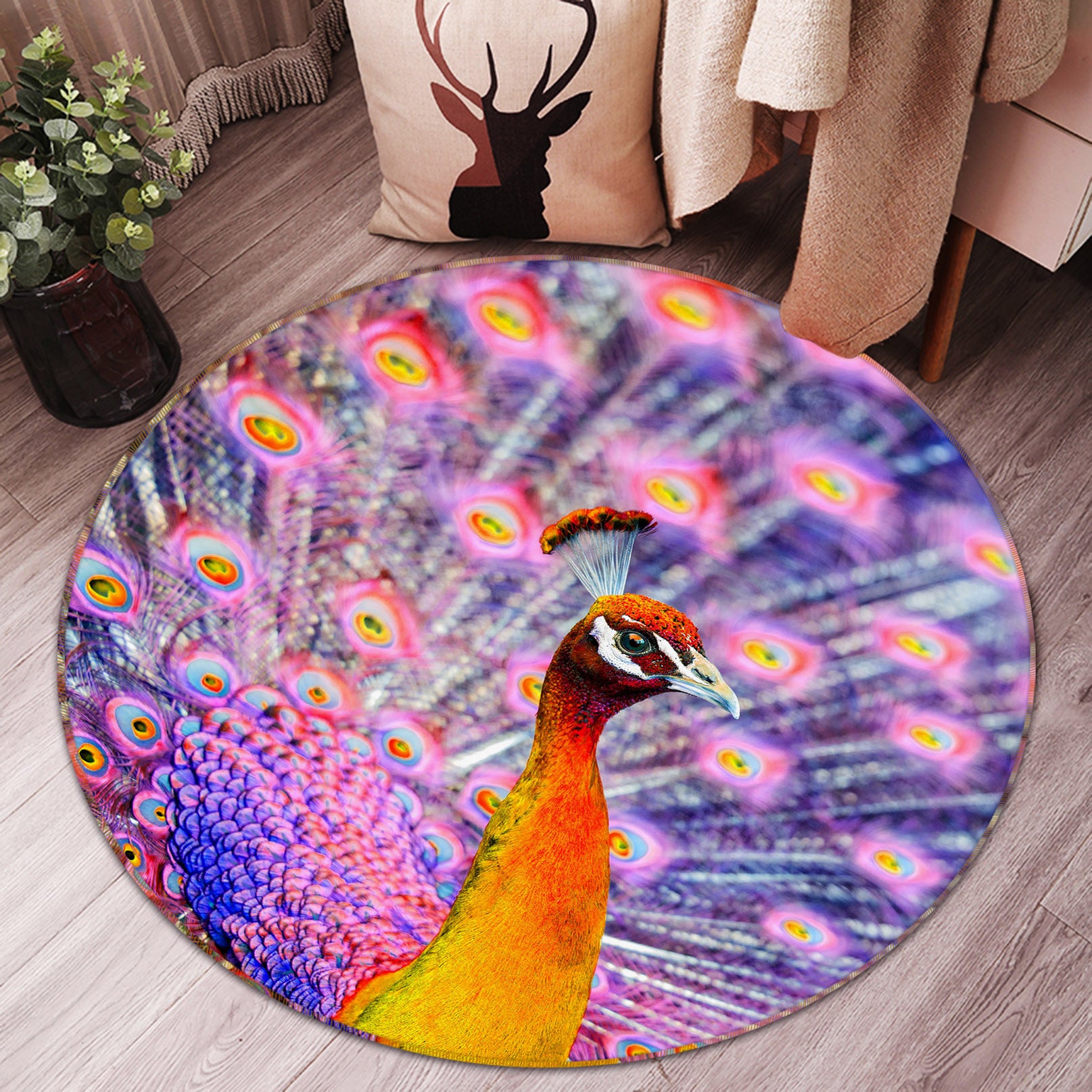 3D Fuchsia Peacock 37203 Animal Round Non Slip Rug Mat