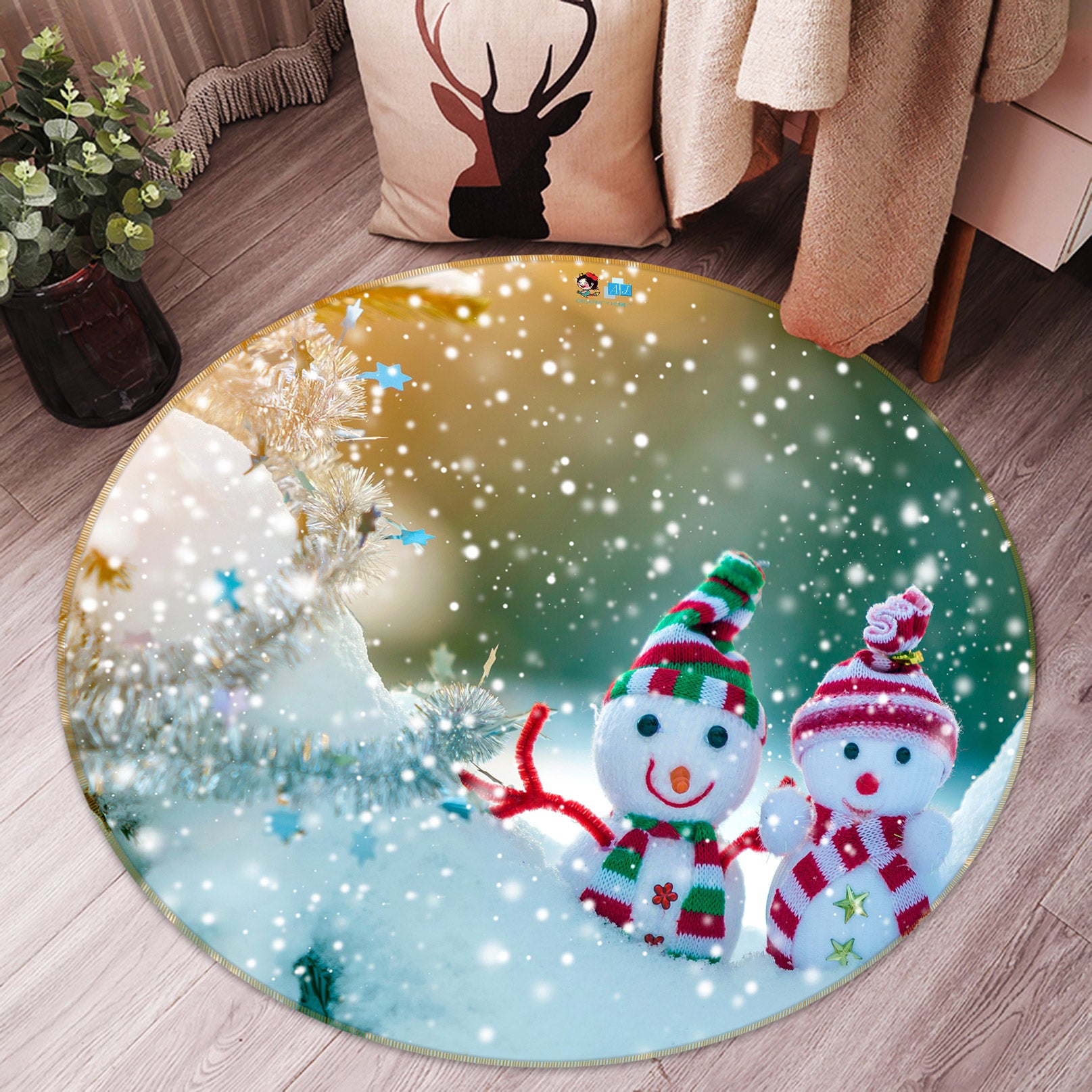3D Snowman 54078 Christmas Round Non Slip Rug Mat Xmas