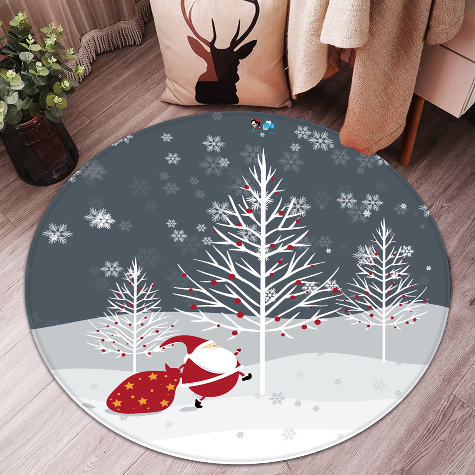 3D Snow Tree Santa Claus 66026 Christmas Round Non Slip Rug Mat Xmas