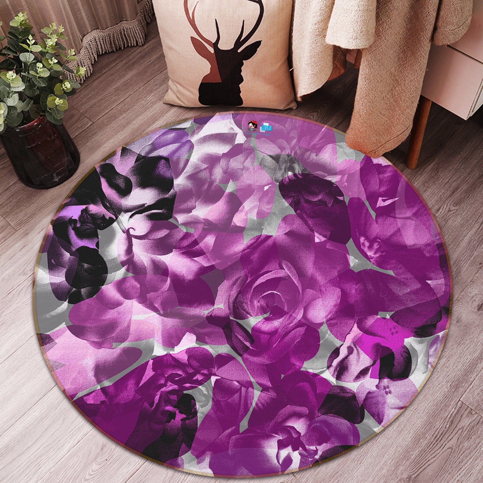 3D Purple Flowers 19196 Shandra Smith Rug Round Non Slip Rug Mat