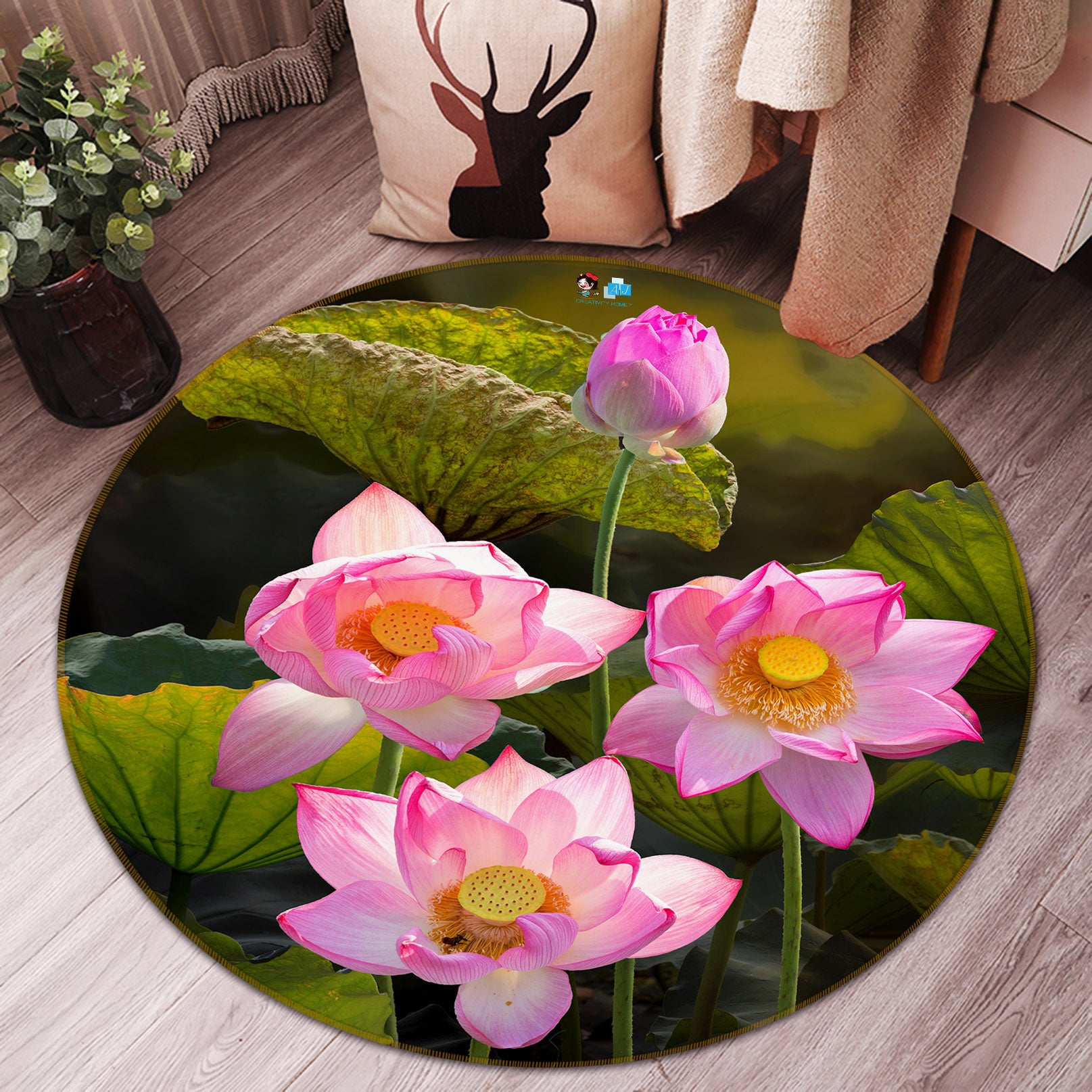 3D Lotus 71169 Round Non Slip Rug Mat