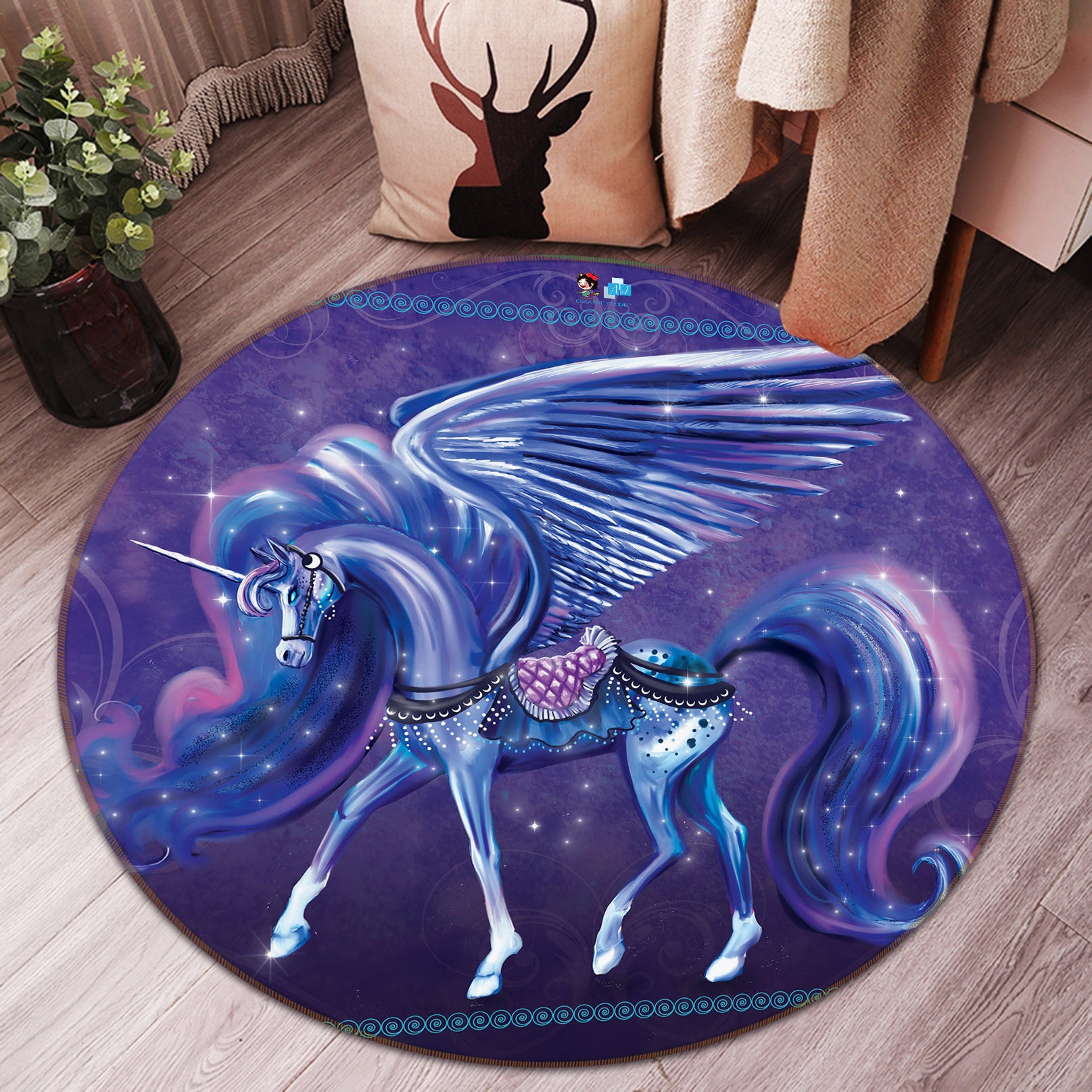 3D Purple Blue Unicorn 83169 Rose Catherine Khan Rug Round Non Slip Rug Mat