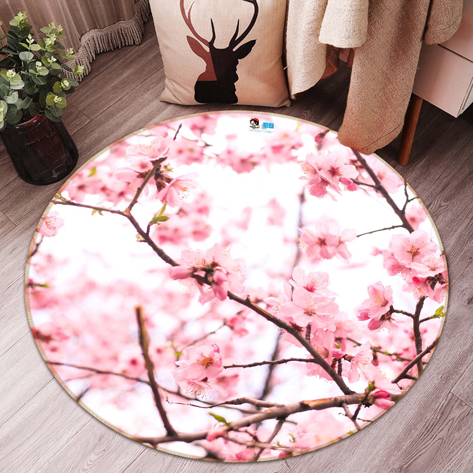 3D Cherry Blossom Branch 81071 Round Non Slip Rug Mat