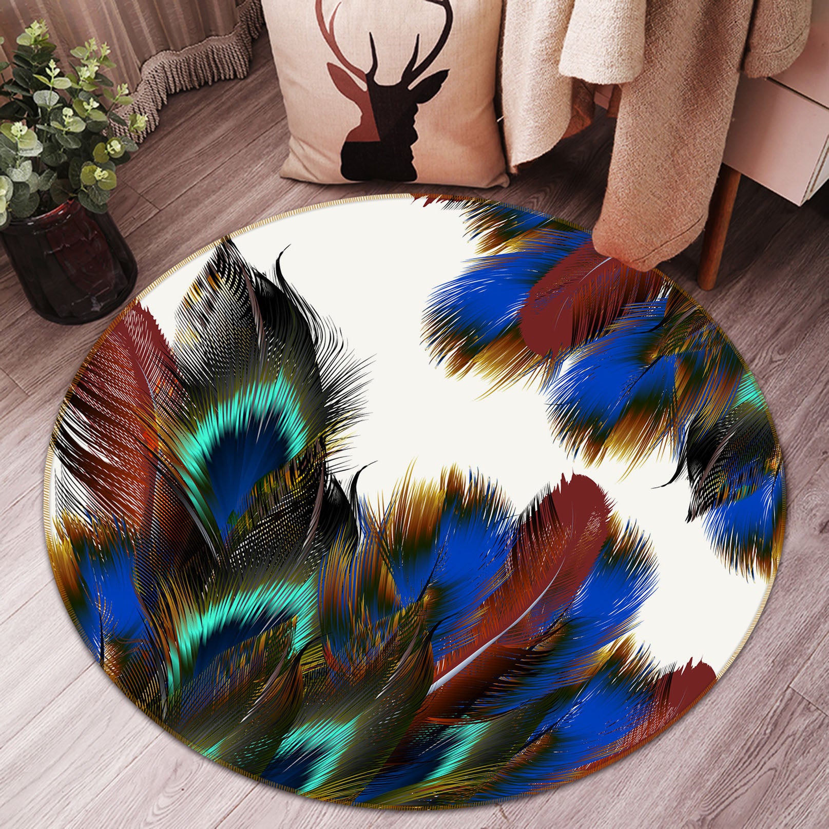 3D Feather 29013 Round Non Slip Rug Mat