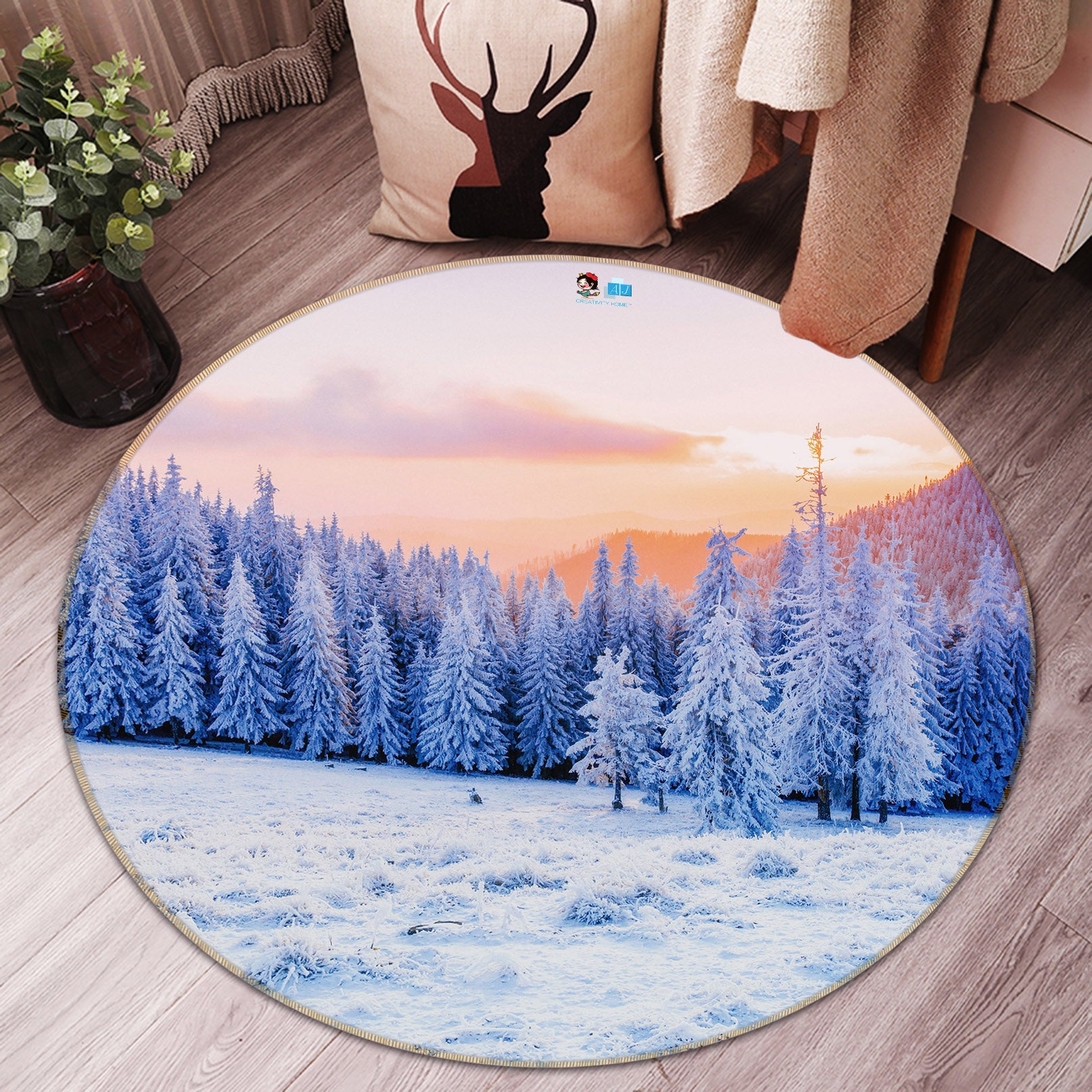 3D Snow Mountain Tree 75084 Round Non Slip Rug Mat