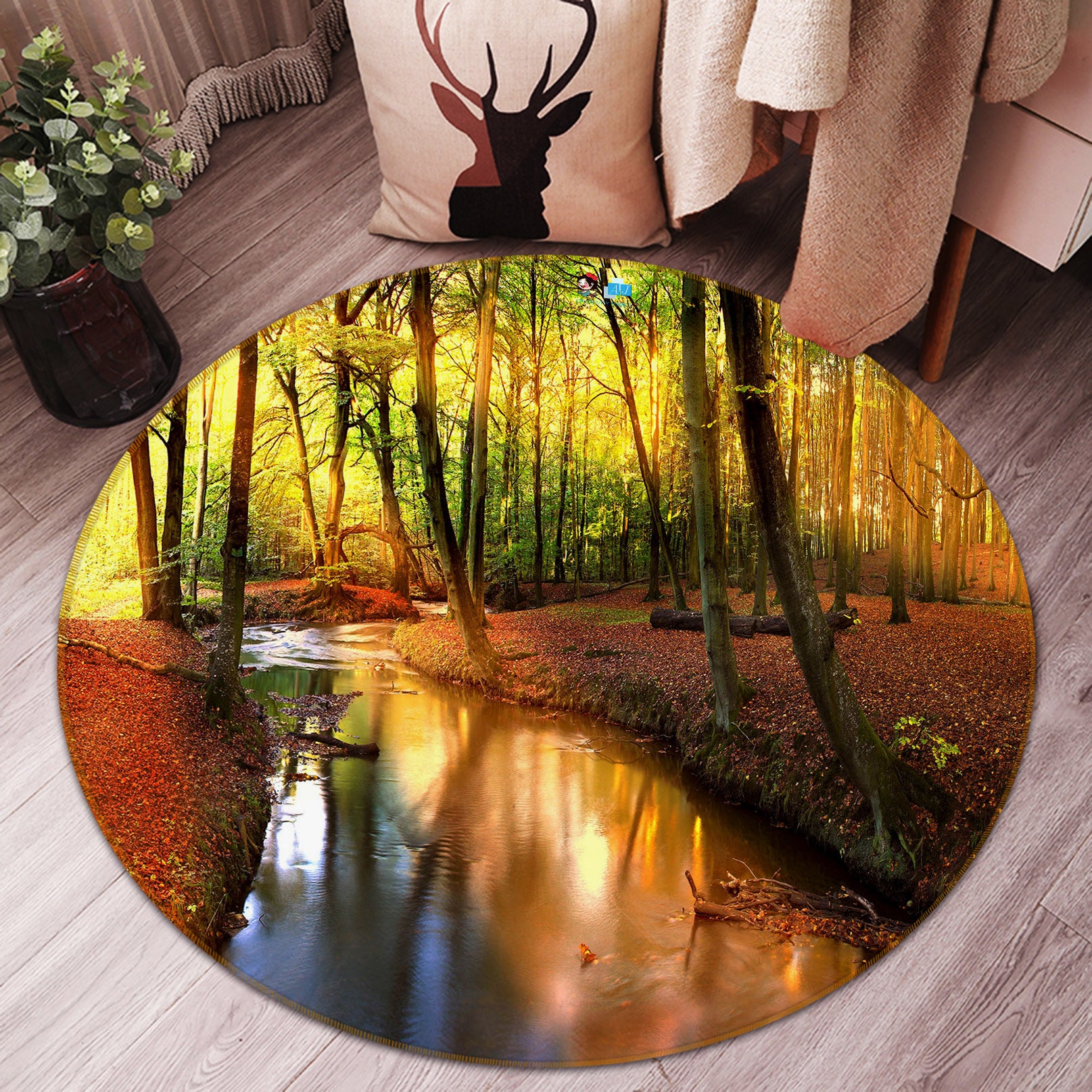 3D Autumn Scenery Forest 74074 Round Non Slip Rug Mat