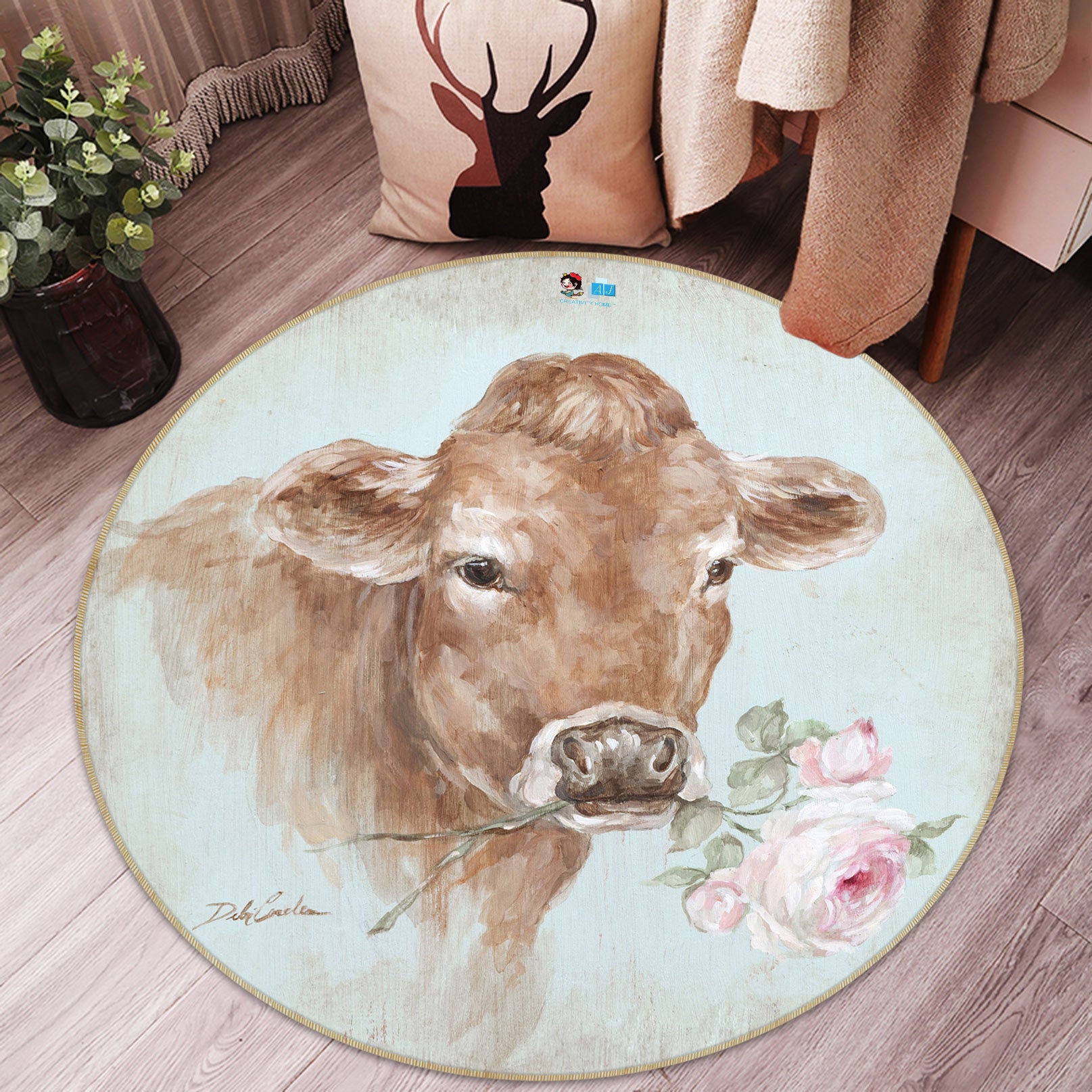 3D Cow With Flowers 1143 Debi Coules Rug Round Non Slip Rug Mat