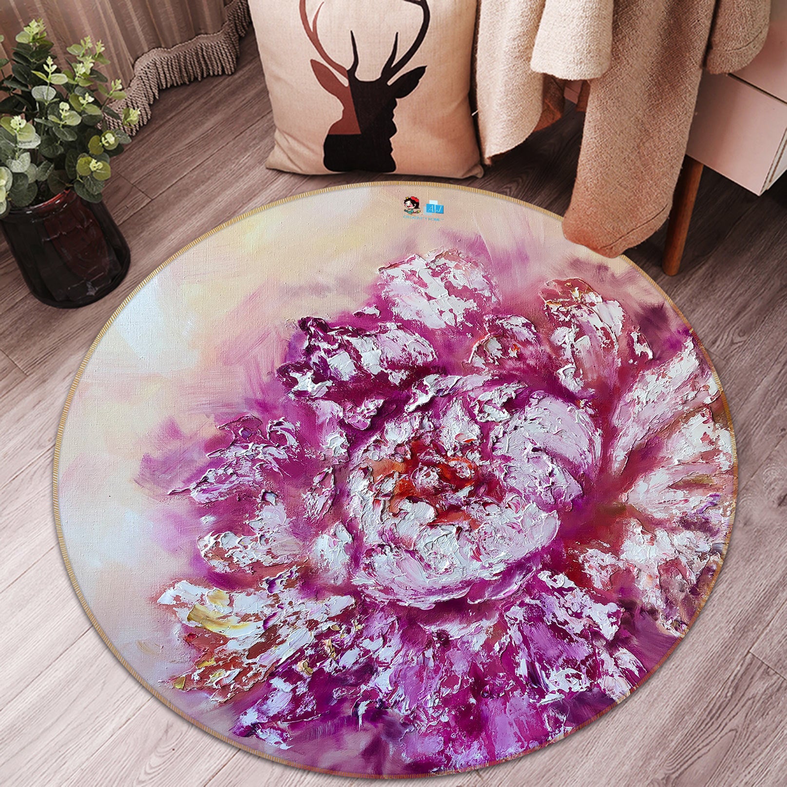 3D Purple Flower 728 Skromova Marina Rug Round Non Slip Rug Mat