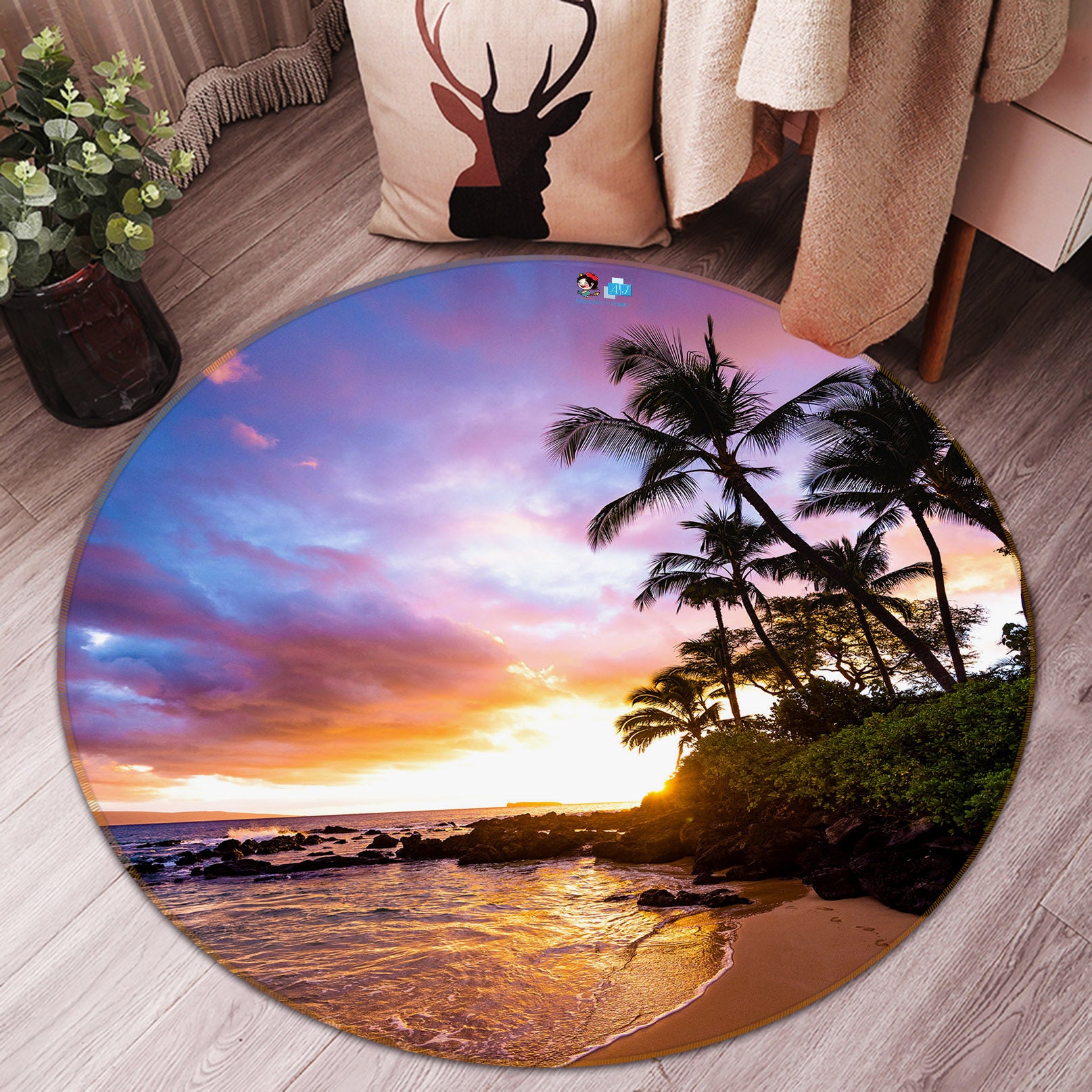 3D Seaside Coconut Tree 69113 Round Non Slip Rug Mat