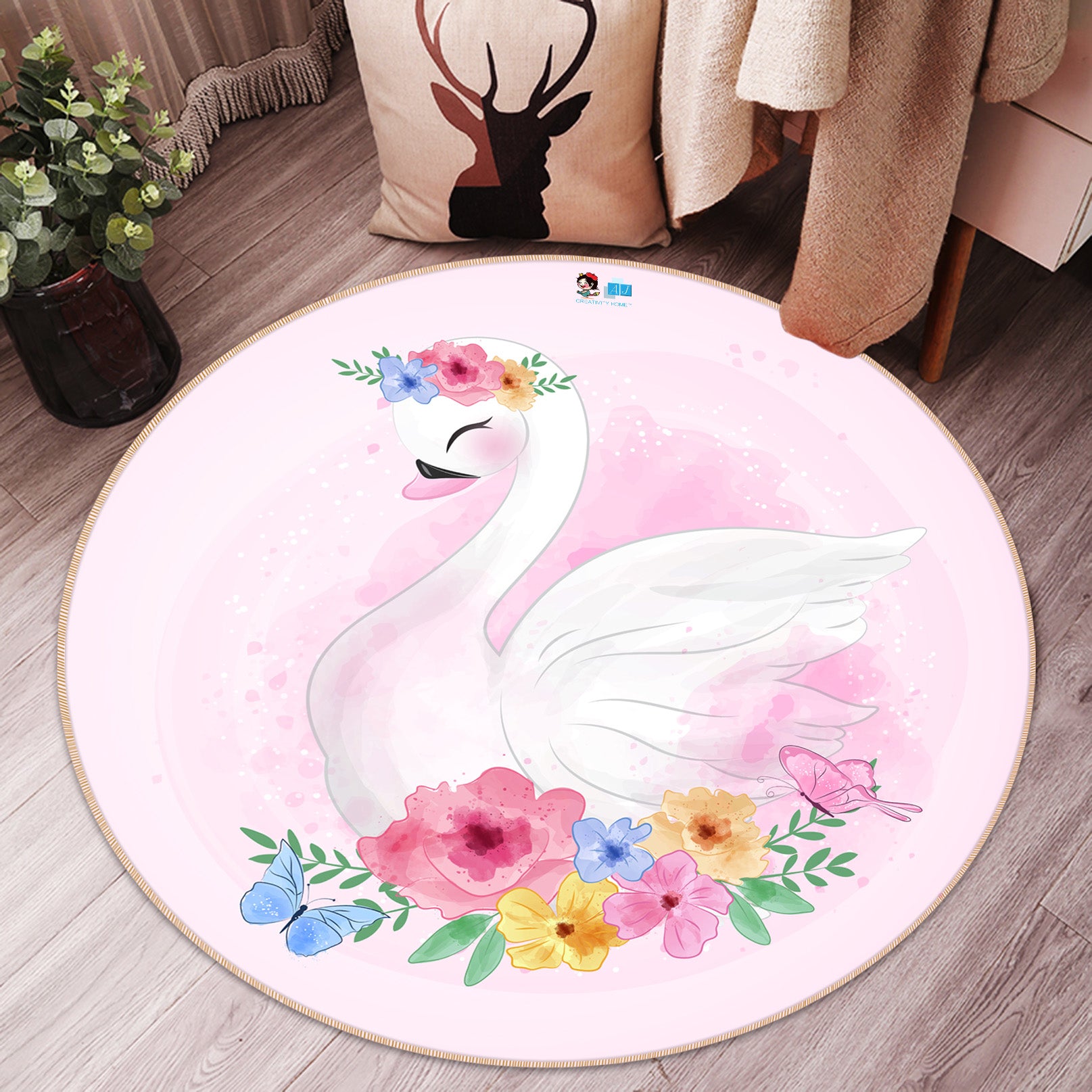 3D Flowers Swan 74233 Round Non Slip Rug Mat